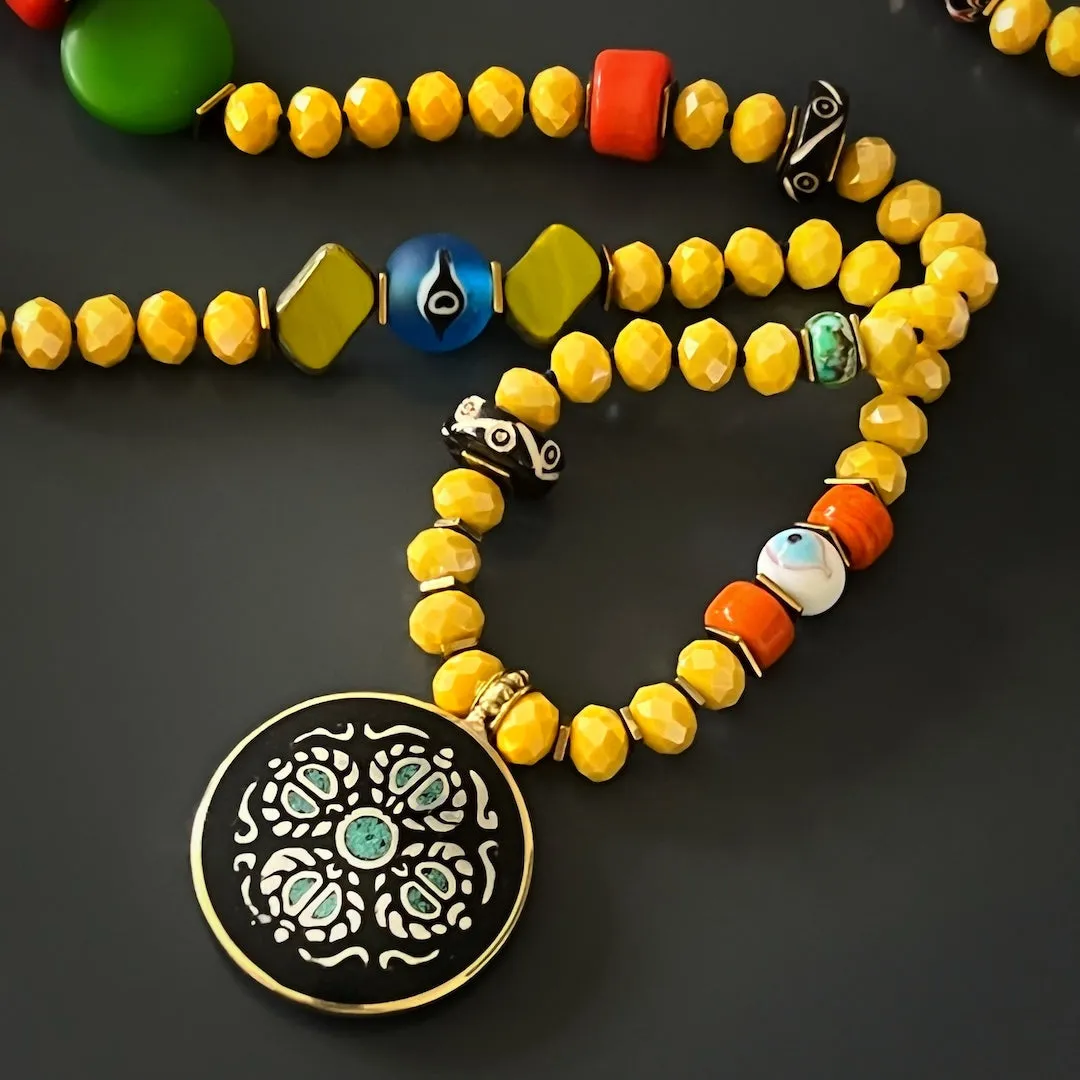 Colorful Nepal Mantra Pendant Yellow Beaded Long Necklace