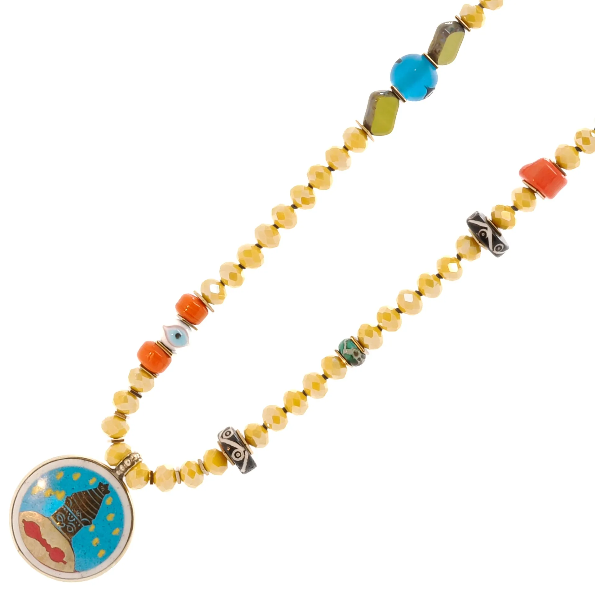 Colorful Nepal Mantra Pendant Yellow Beaded Long Necklace
