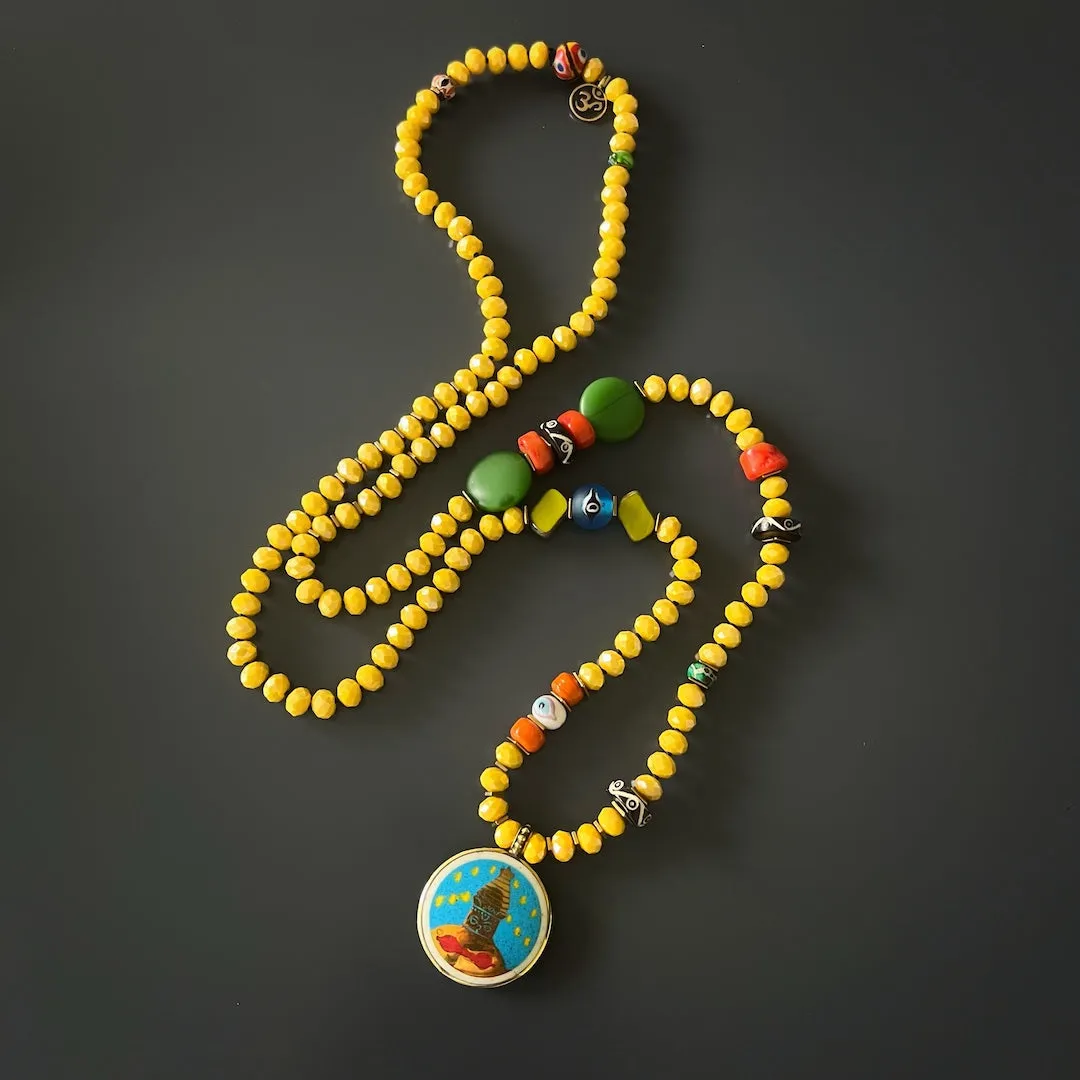 Colorful Nepal Mantra Pendant Yellow Beaded Long Necklace