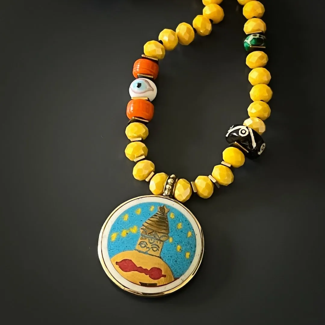 Colorful Nepal Mantra Pendant Yellow Beaded Long Necklace