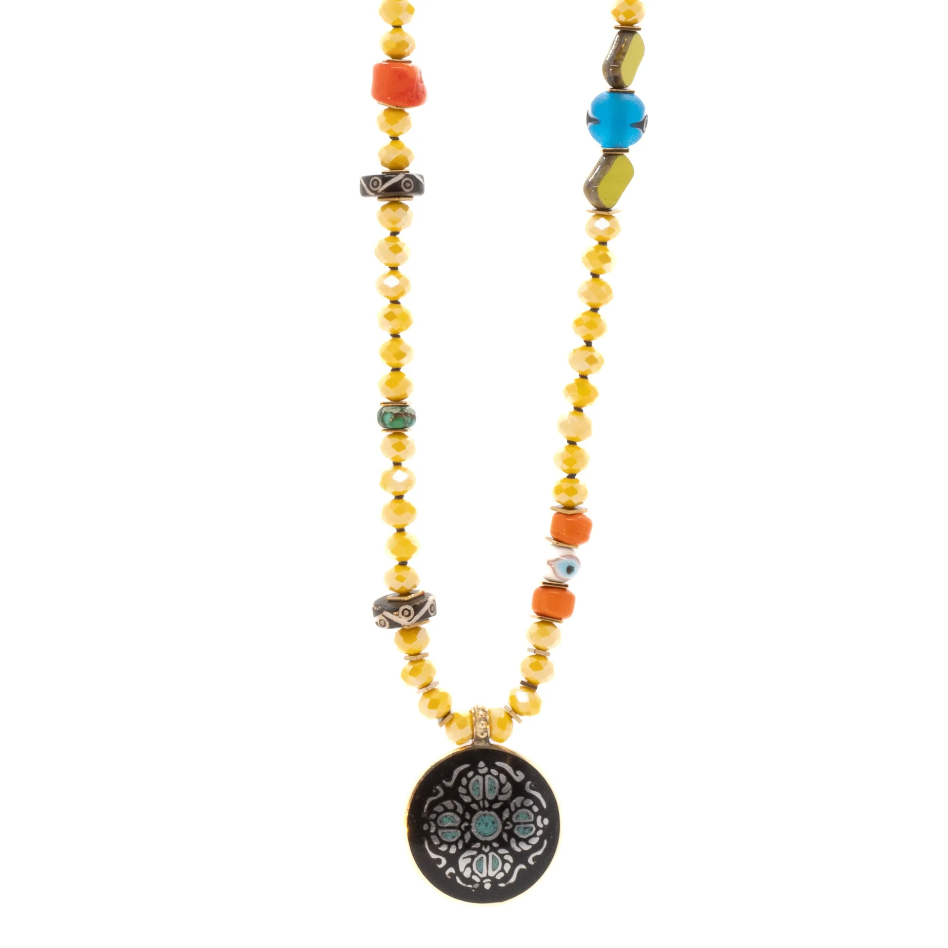 Colorful Nepal Mantra Pendant Yellow Beaded Long Necklace