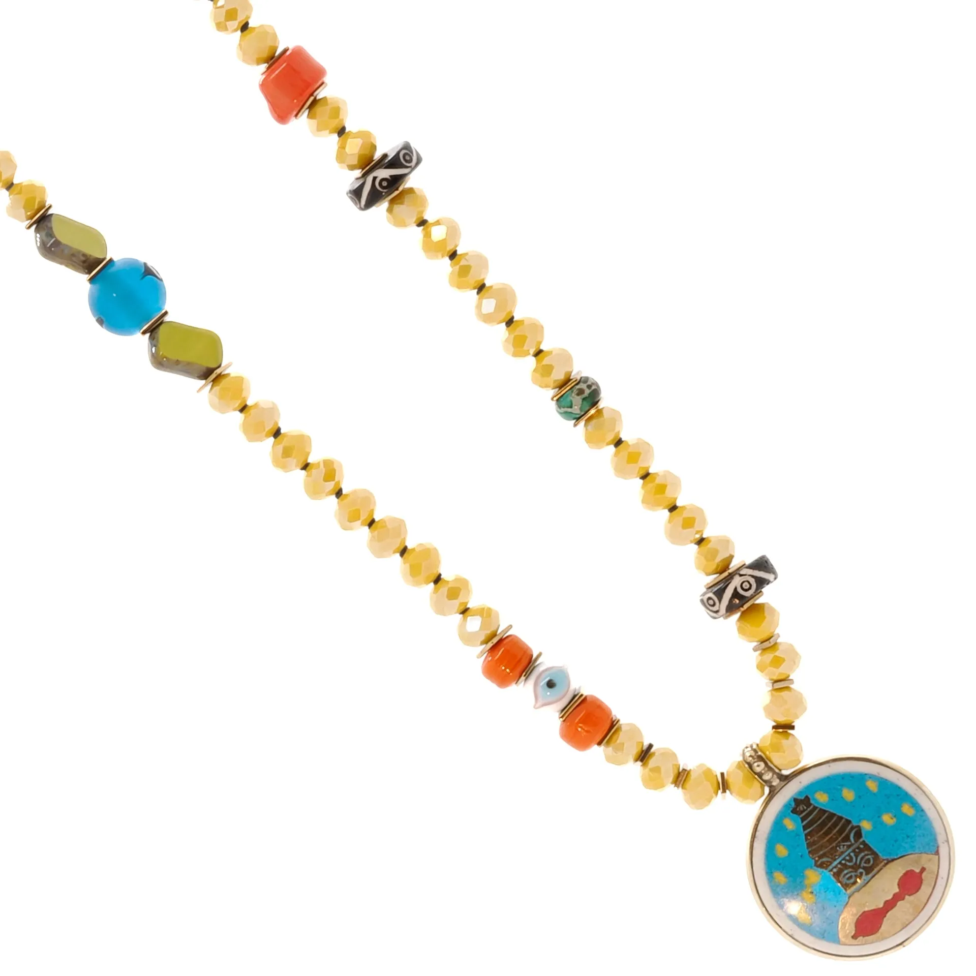 Colorful Nepal Mantra Pendant Yellow Beaded Long Necklace