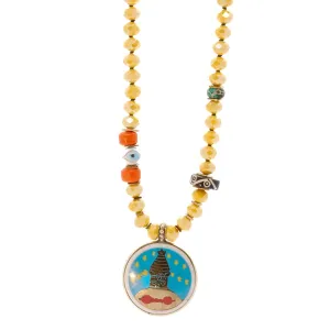 Colorful Nepal Mantra Pendant Yellow Beaded Long Necklace