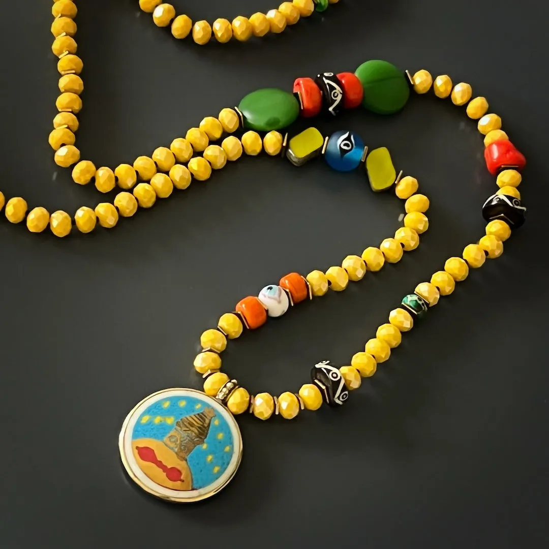 Colorful Nepal Mantra Pendant Yellow Beaded Long Necklace