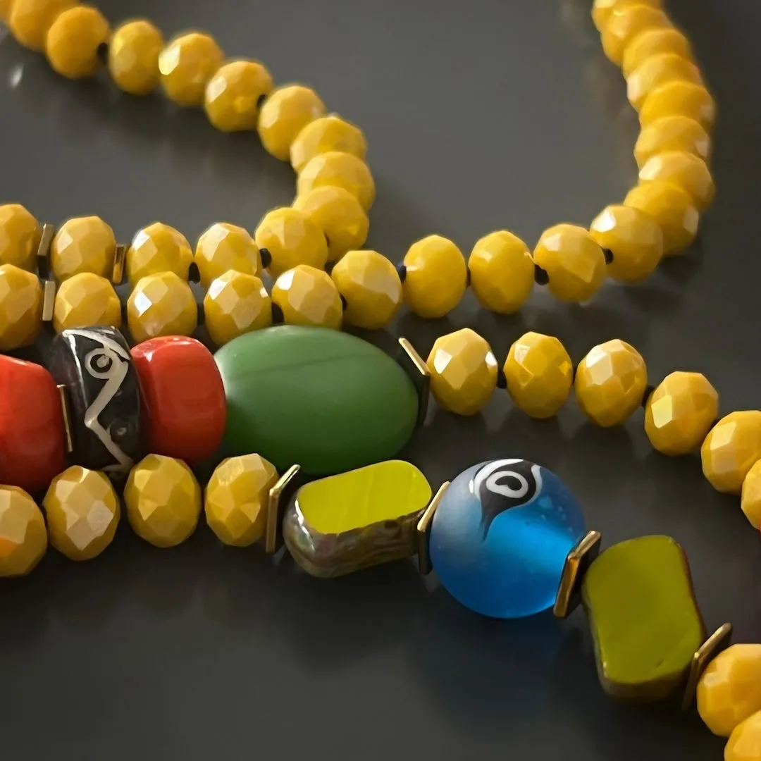 Colorful Nepal Mantra Pendant Yellow Beaded Long Necklace
