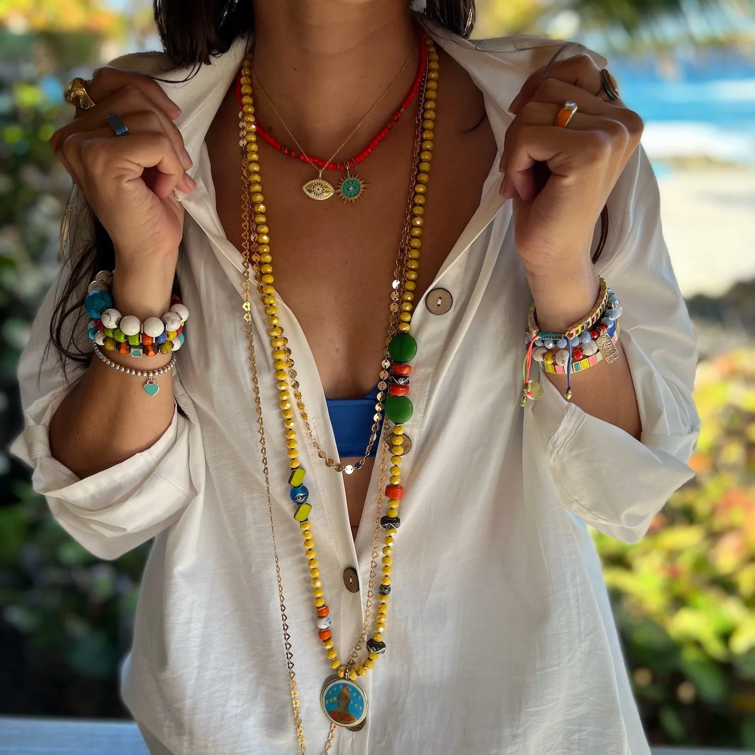 Colorful Nepal Mantra Pendant Yellow Beaded Long Necklace