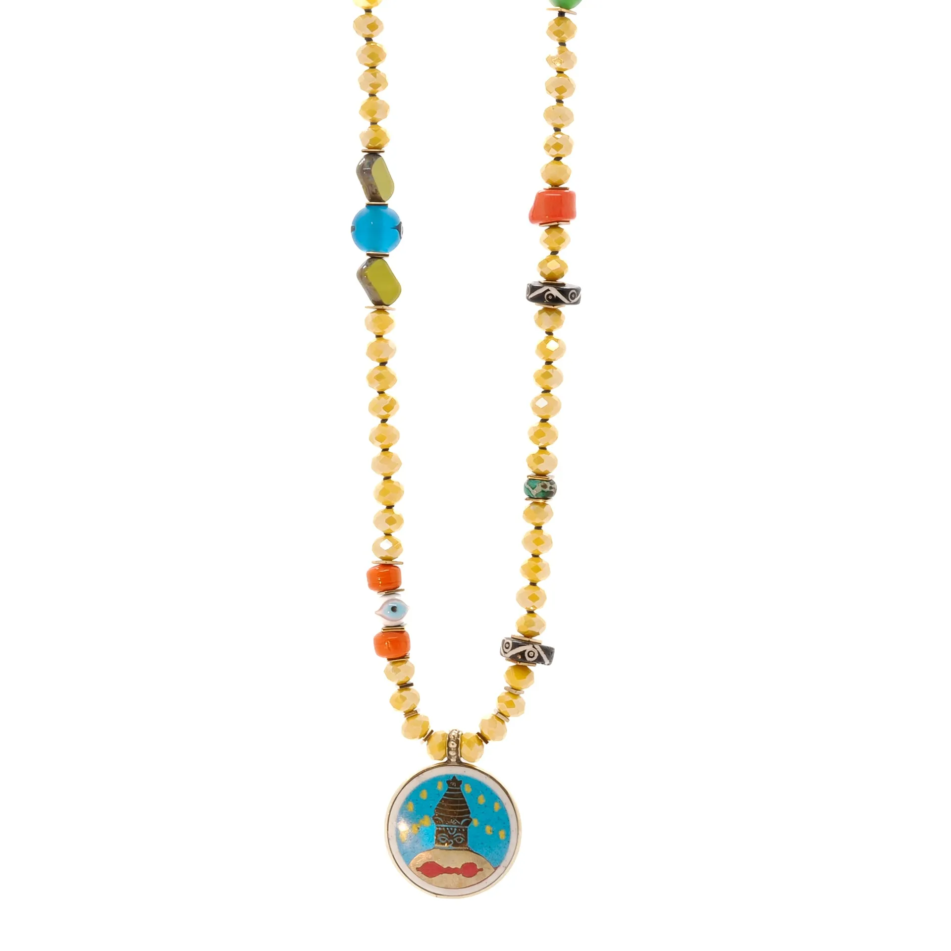 Colorful Nepal Mantra Pendant Yellow Beaded Long Necklace