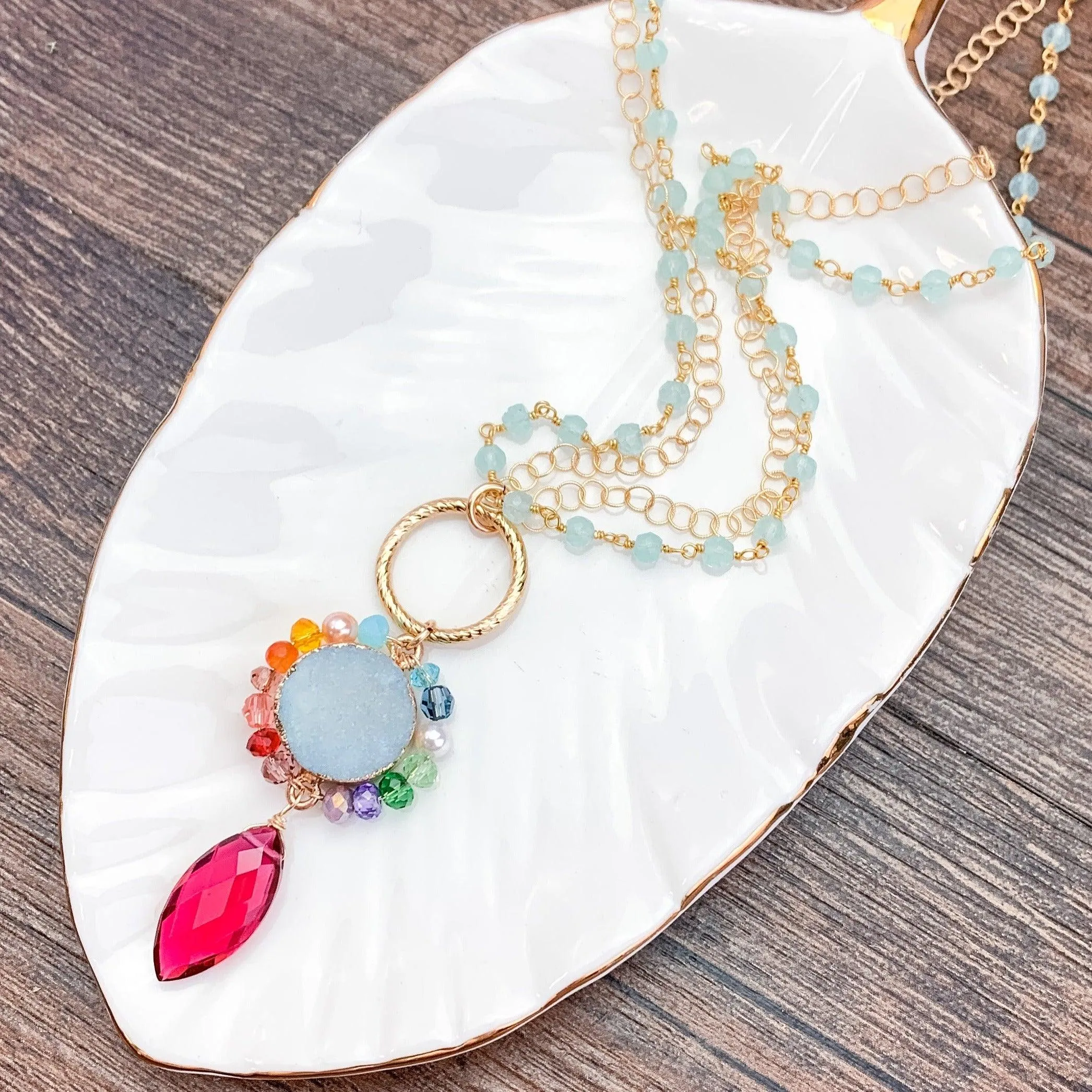 Colorful Ruby Quartz and Druzy Necklace