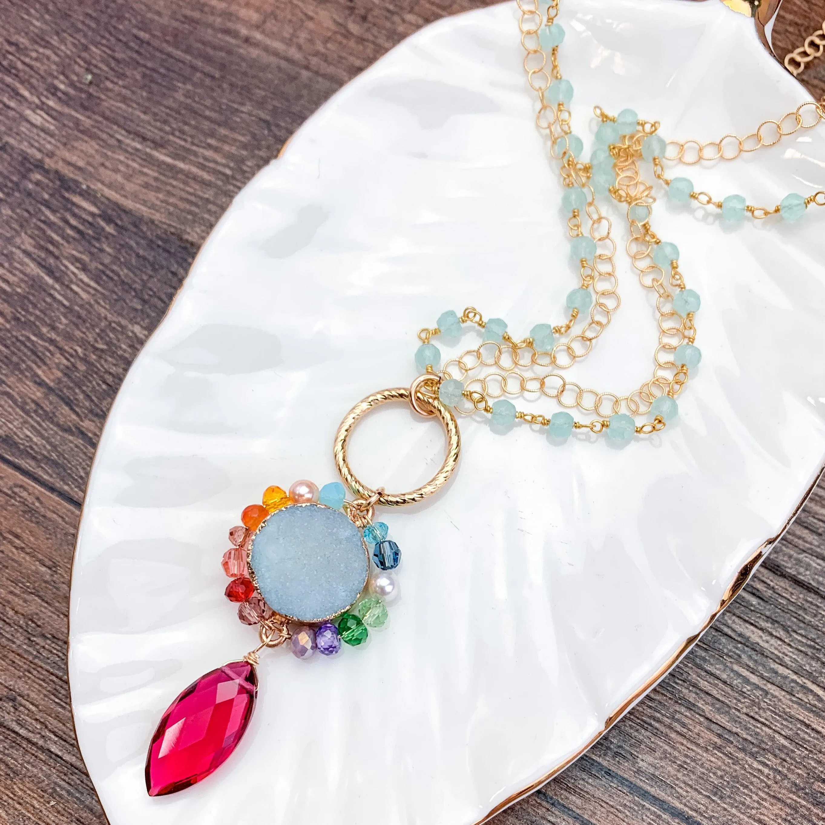 Colorful Ruby Quartz and Druzy Necklace