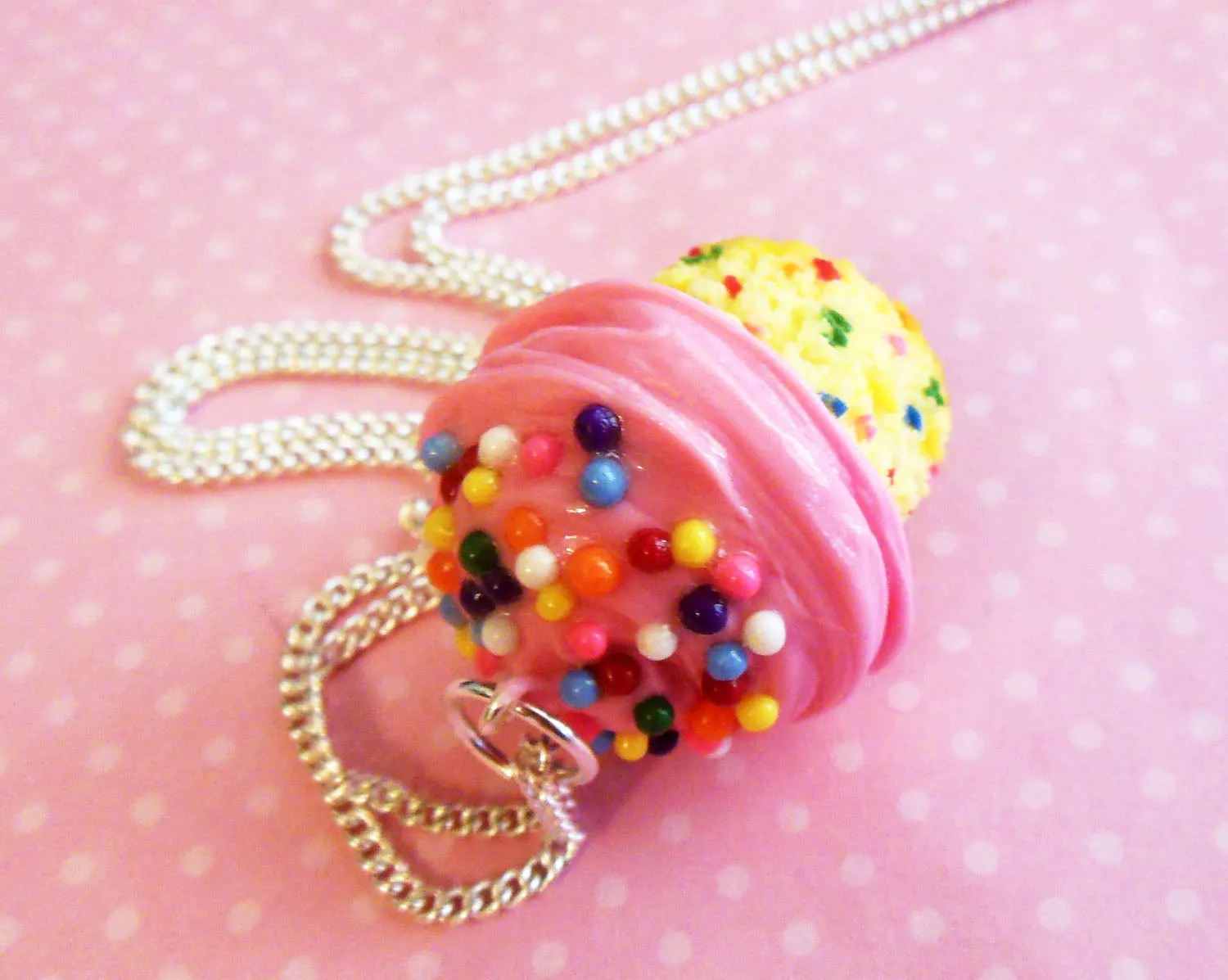 Confetti Pink Vanilla Cupcake Necklace, Polymer Clay