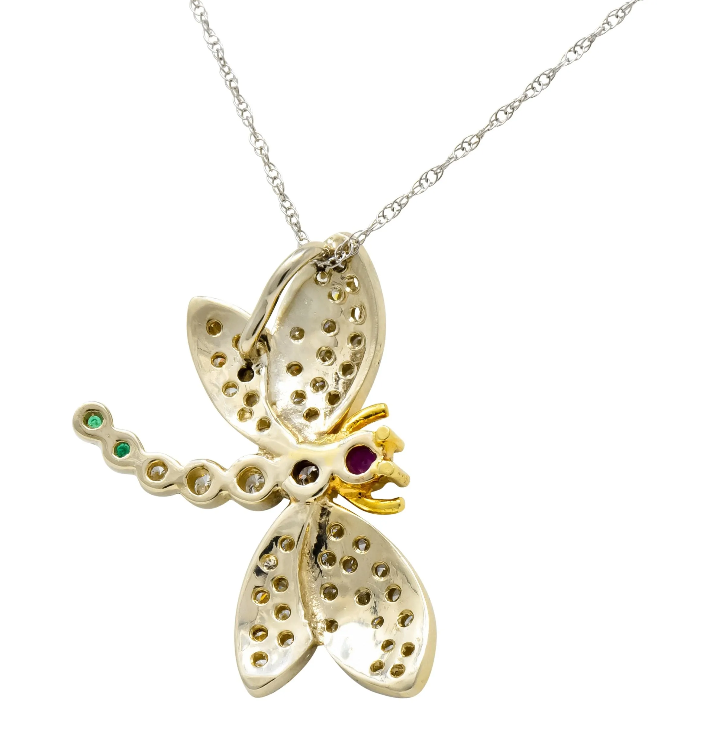 Contemporary 2.36 CTW Diamond Emerald Ruby 18 Karat Two-Tone Gold Dragonfly Pendant Necklace