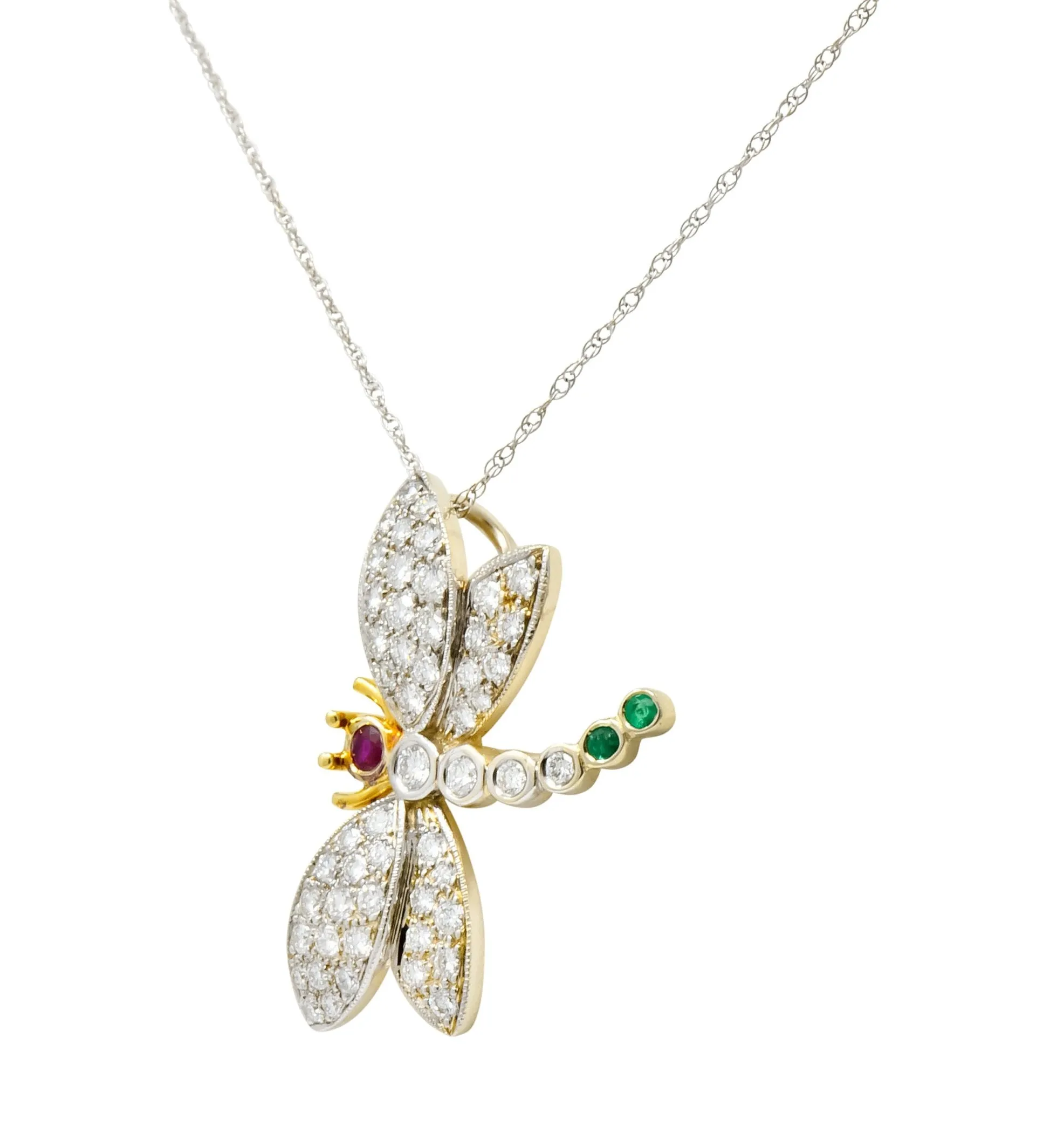 Contemporary 2.36 CTW Diamond Emerald Ruby 18 Karat Two-Tone Gold Dragonfly Pendant Necklace
