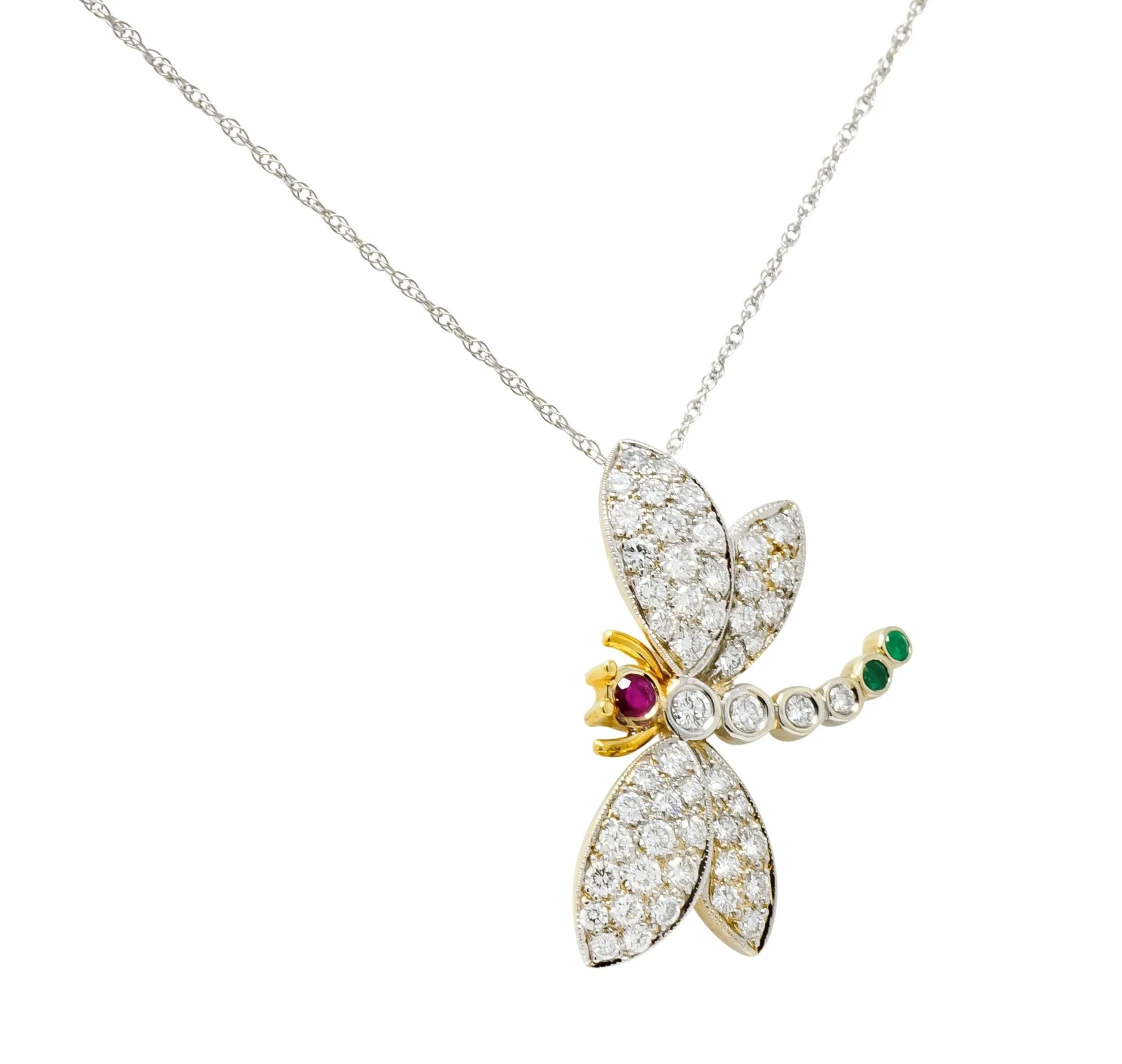 Contemporary 2.36 CTW Diamond Emerald Ruby 18 Karat Two-Tone Gold Dragonfly Pendant Necklace