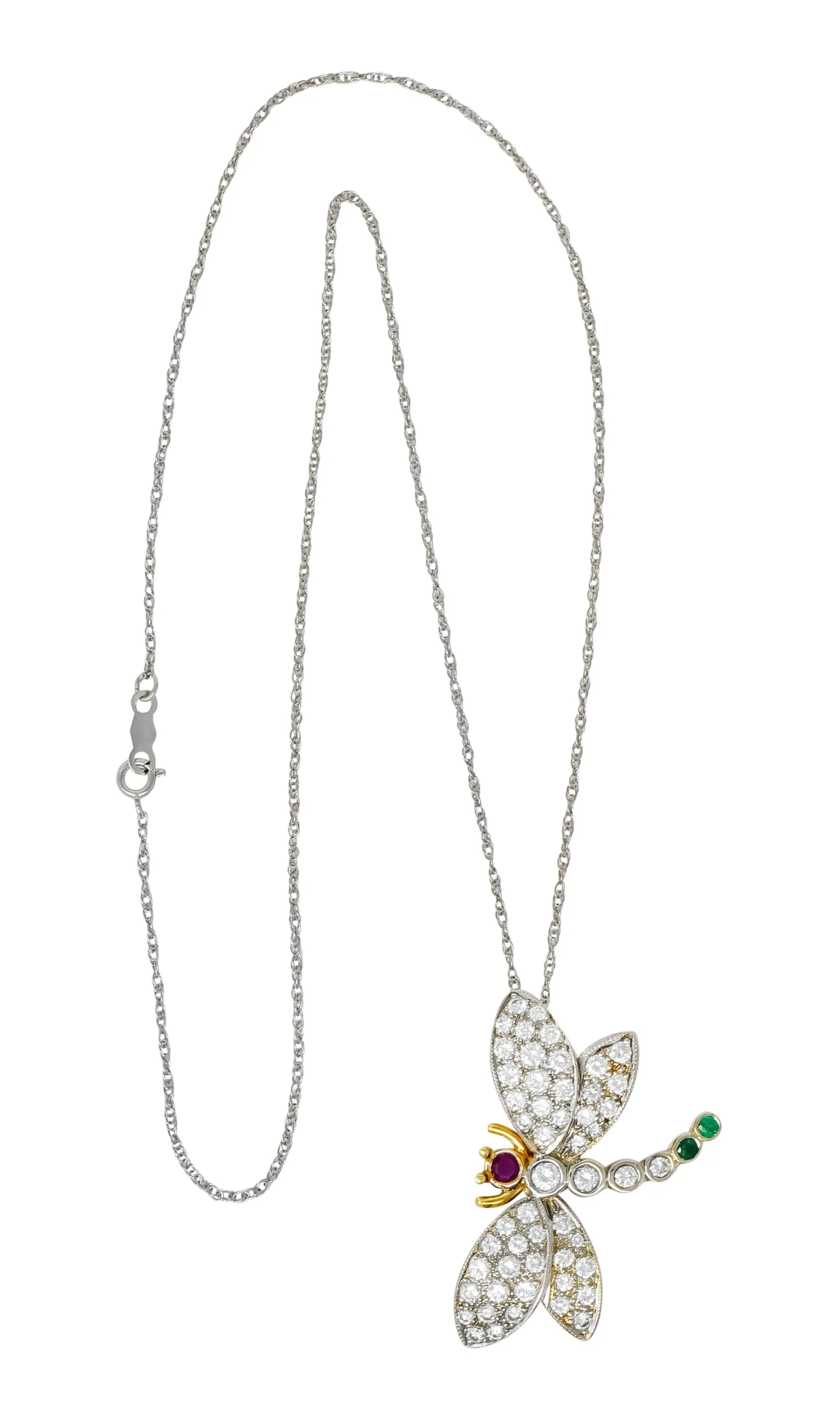 Contemporary 2.36 CTW Diamond Emerald Ruby 18 Karat Two-Tone Gold Dragonfly Pendant Necklace