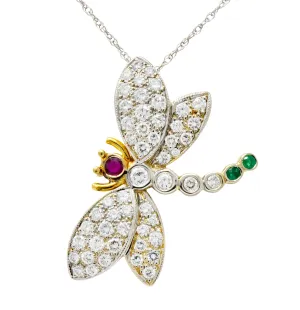 Contemporary 2.36 CTW Diamond Emerald Ruby 18 Karat Two-Tone Gold Dragonfly Pendant Necklace