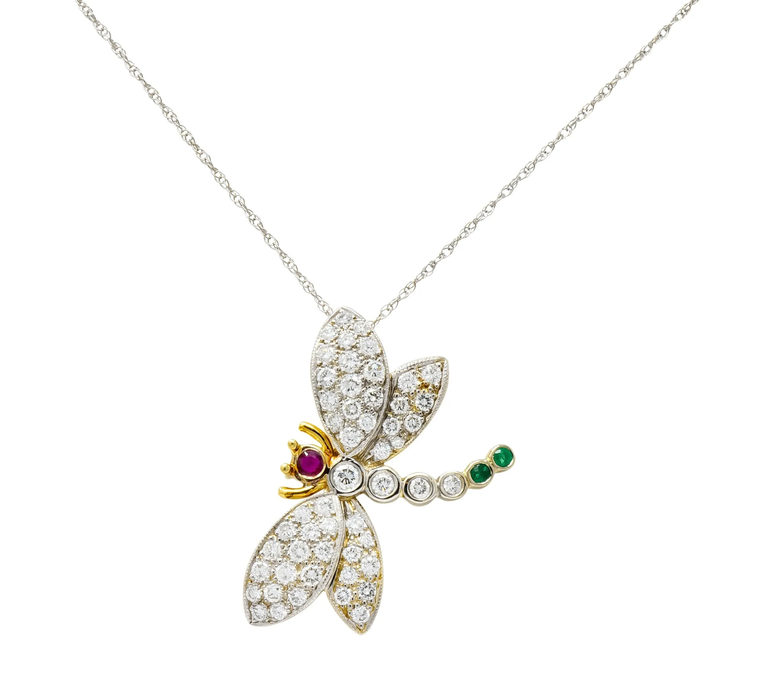 Contemporary 2.36 CTW Diamond Emerald Ruby 18 Karat Two-Tone Gold Dragonfly Pendant Necklace