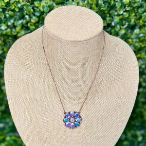 Copper Flower Necklace with Iridescent Stones