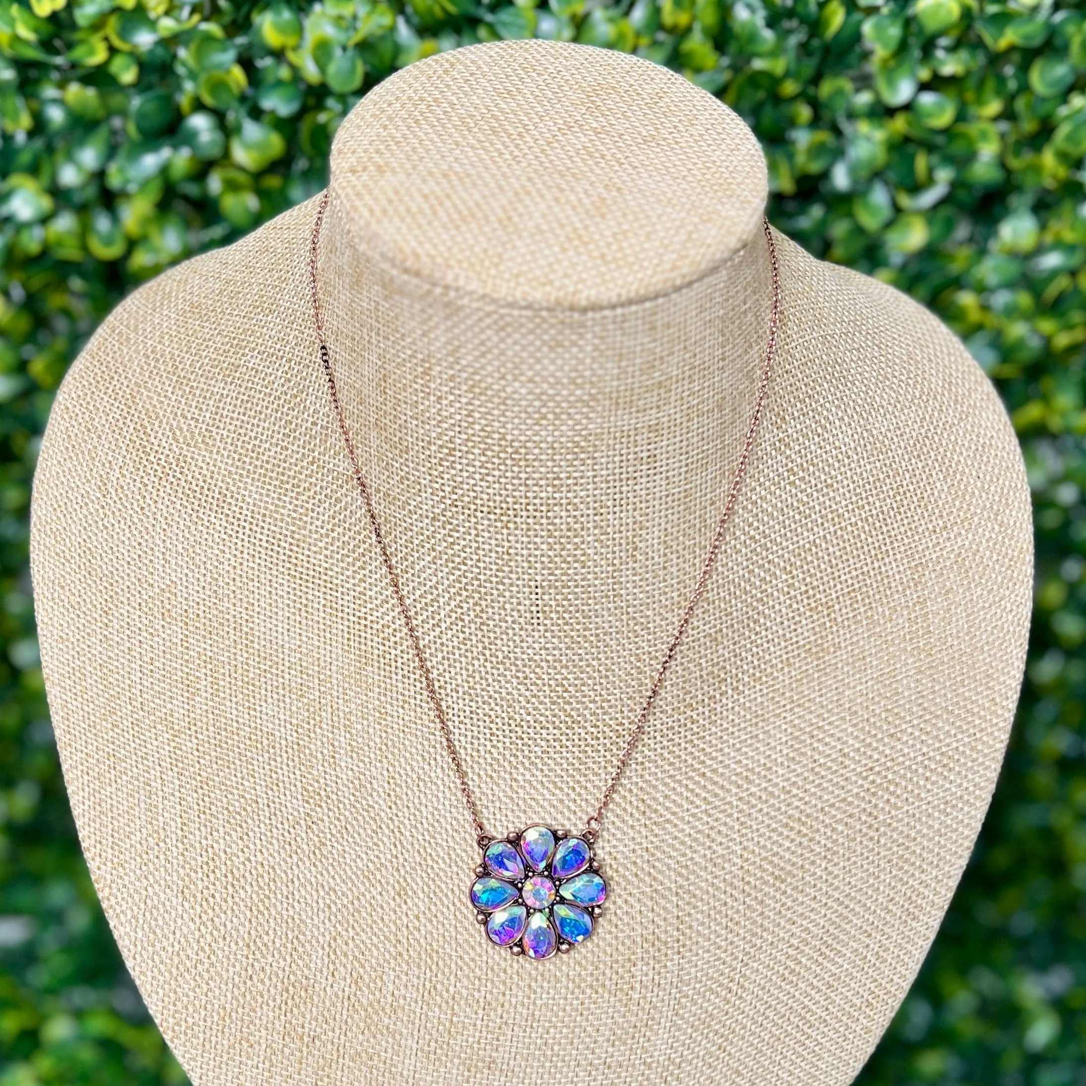 Copper Flower Necklace with Iridescent Stones