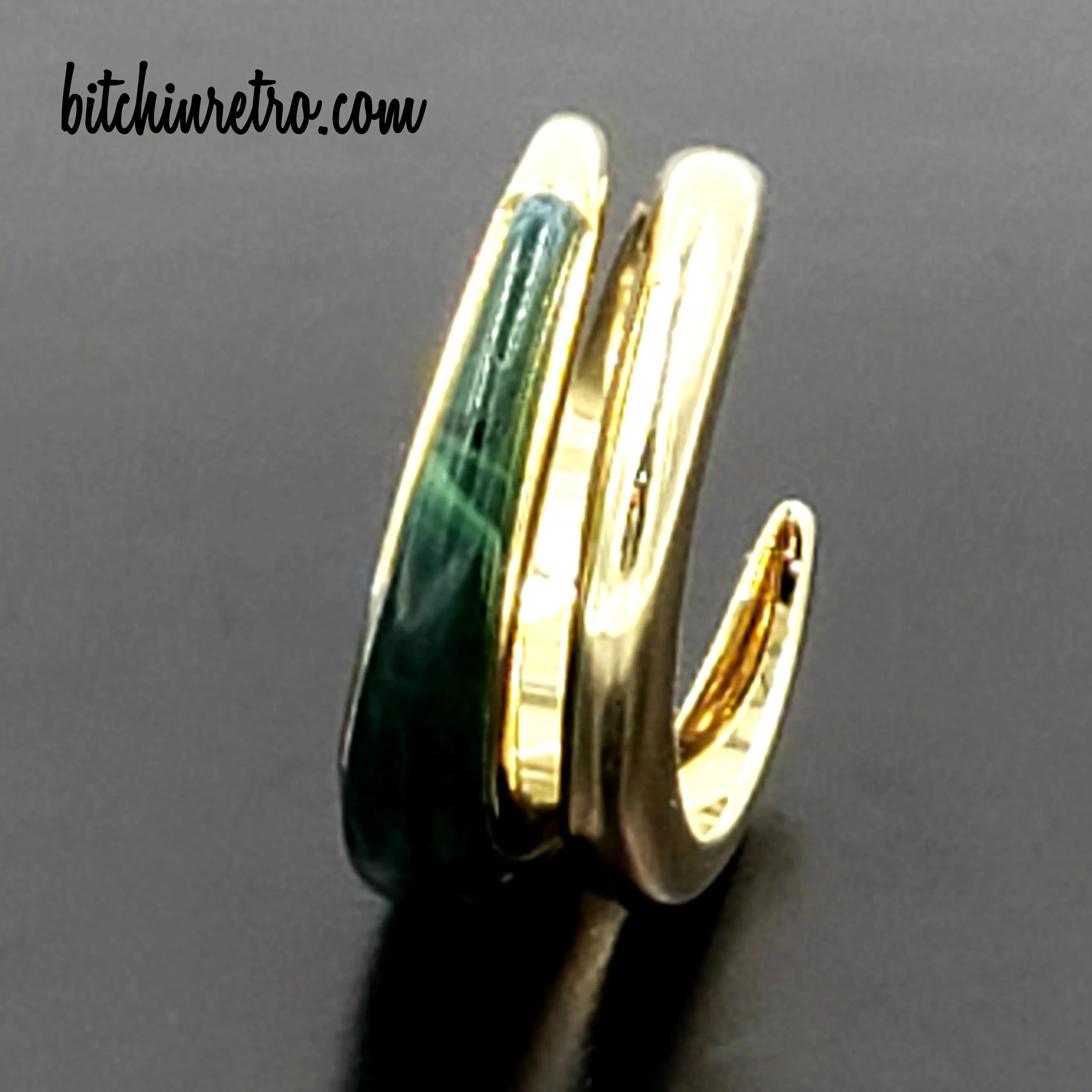 Crossover or Bypass Ring With Green Faux Jade Panel