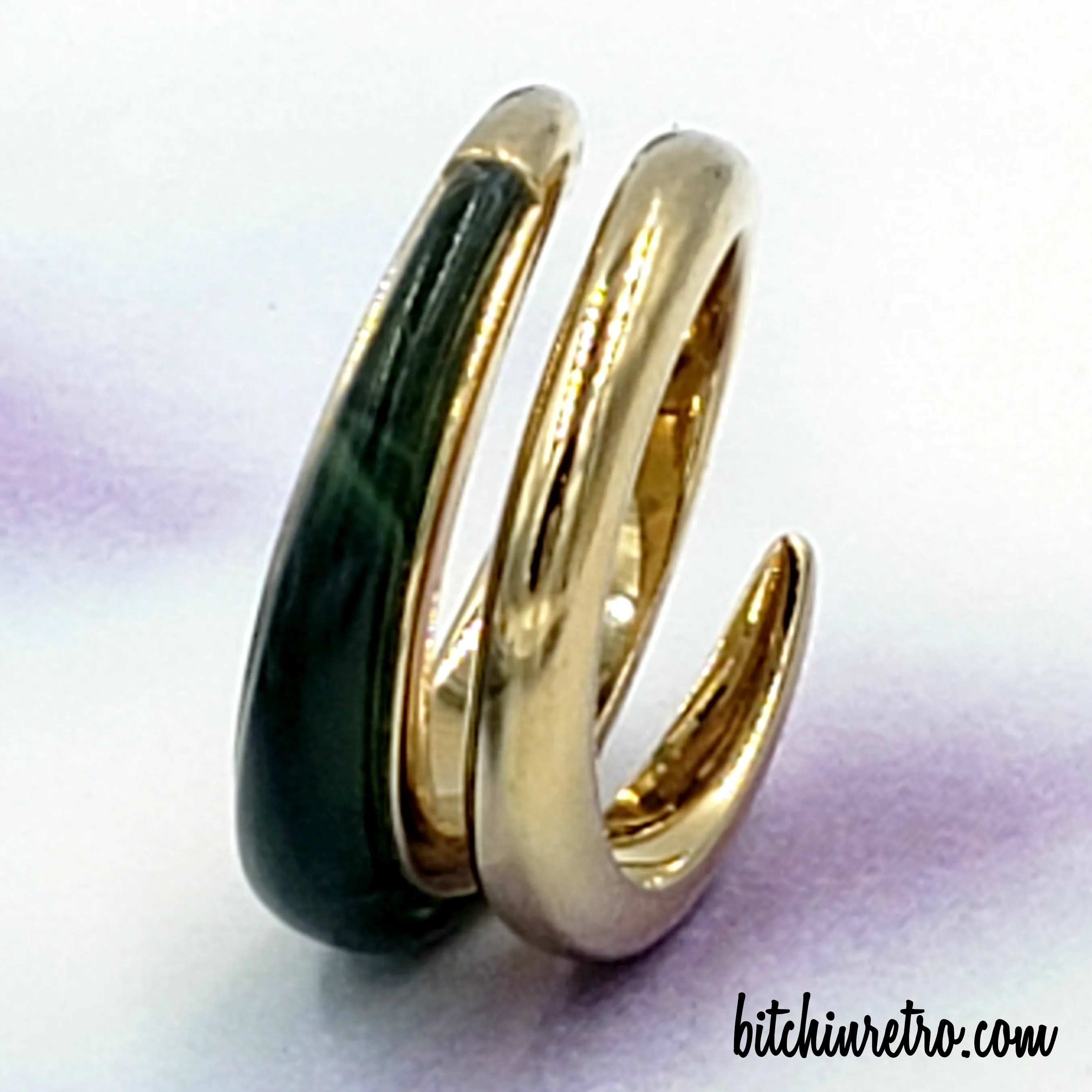 Crossover or Bypass Ring With Green Faux Jade Panel