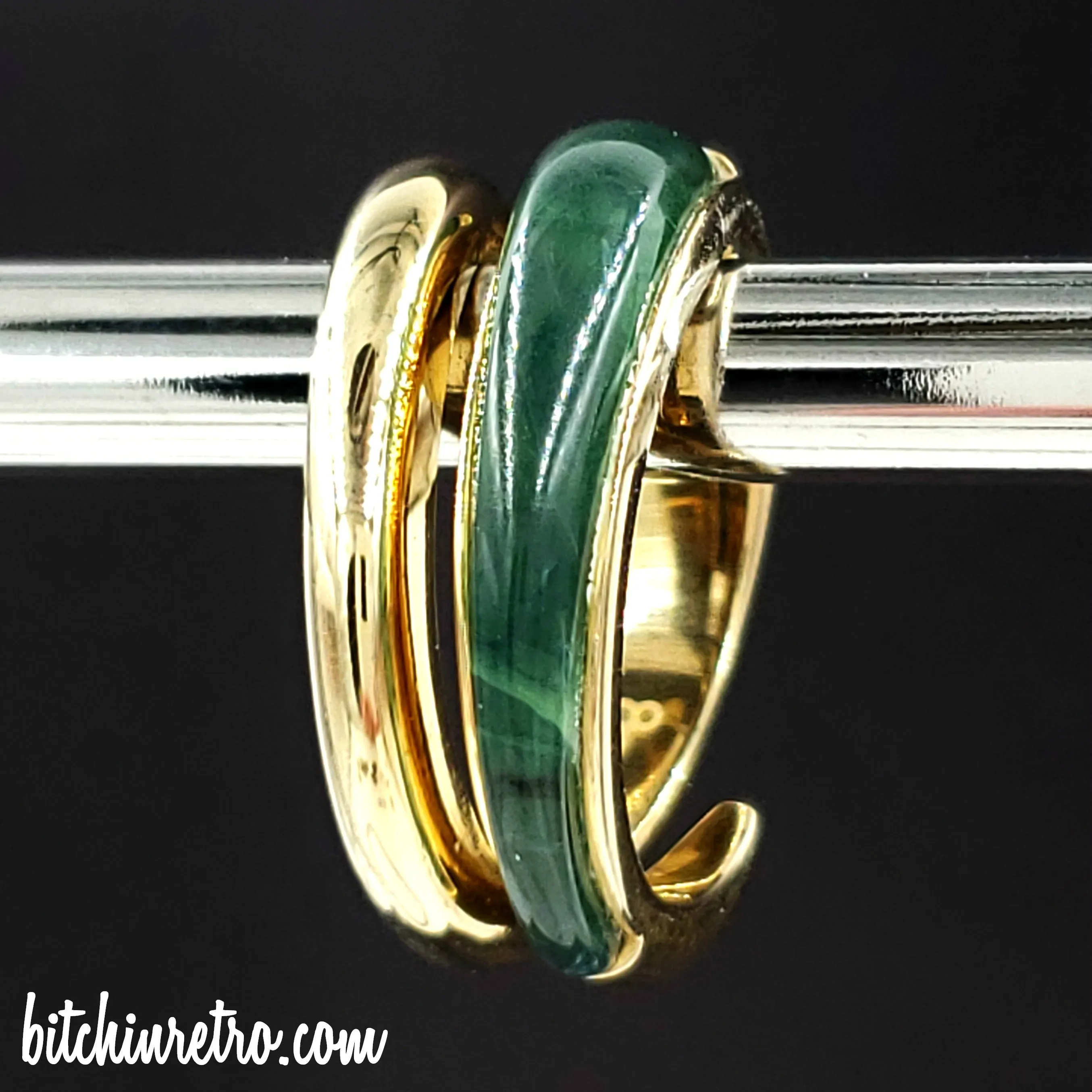 Crossover or Bypass Ring With Green Faux Jade Panel
