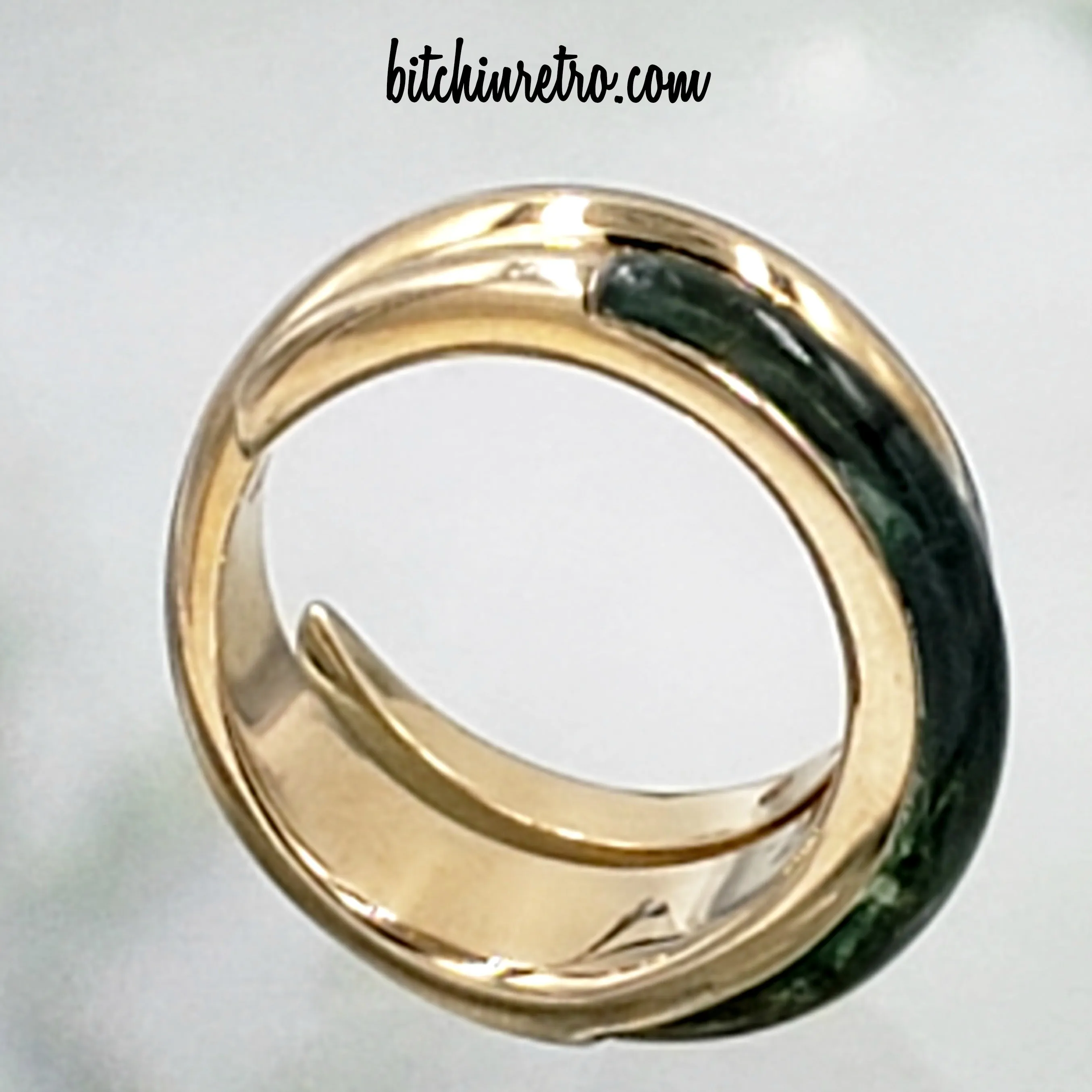 Crossover or Bypass Ring With Green Faux Jade Panel