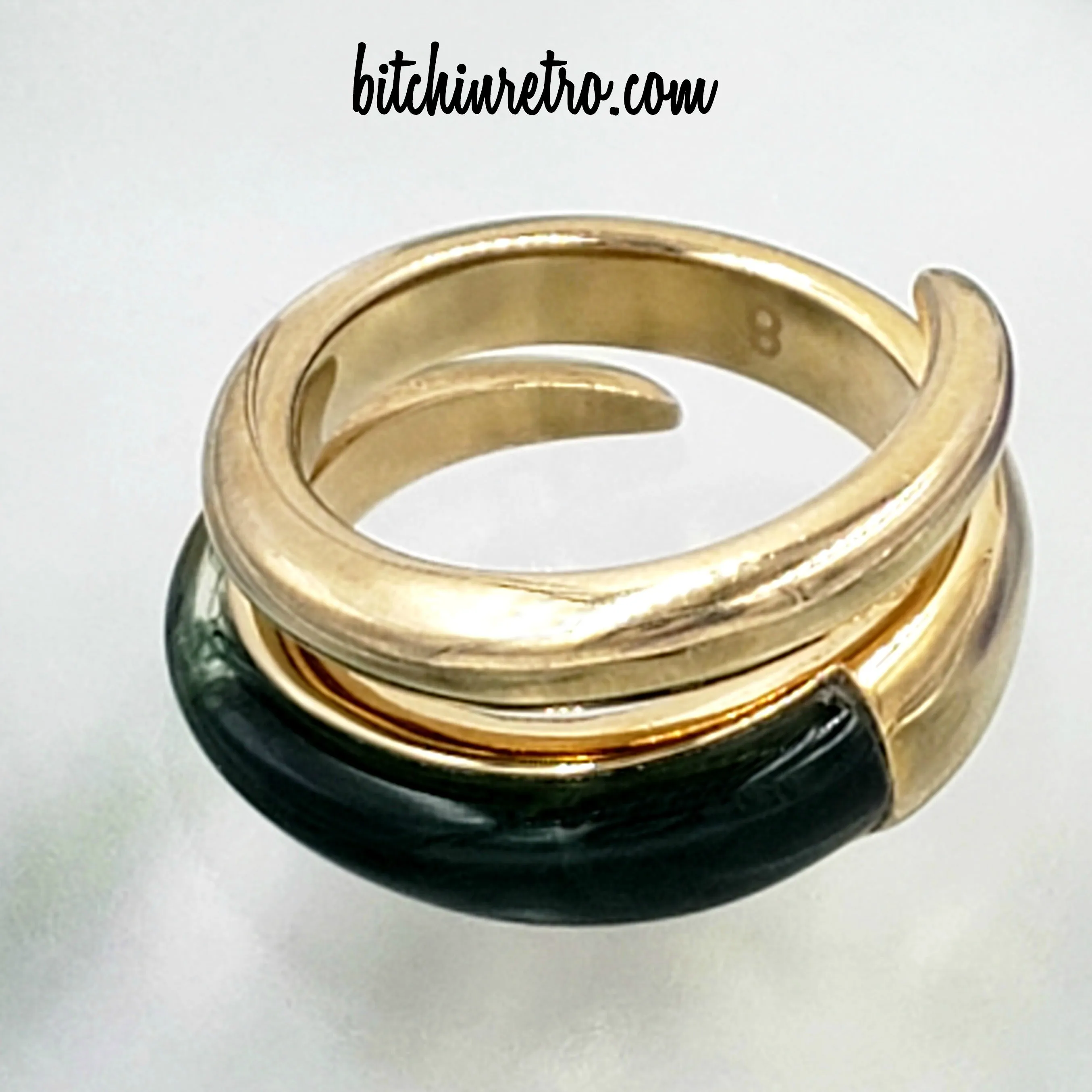 Crossover or Bypass Ring With Green Faux Jade Panel