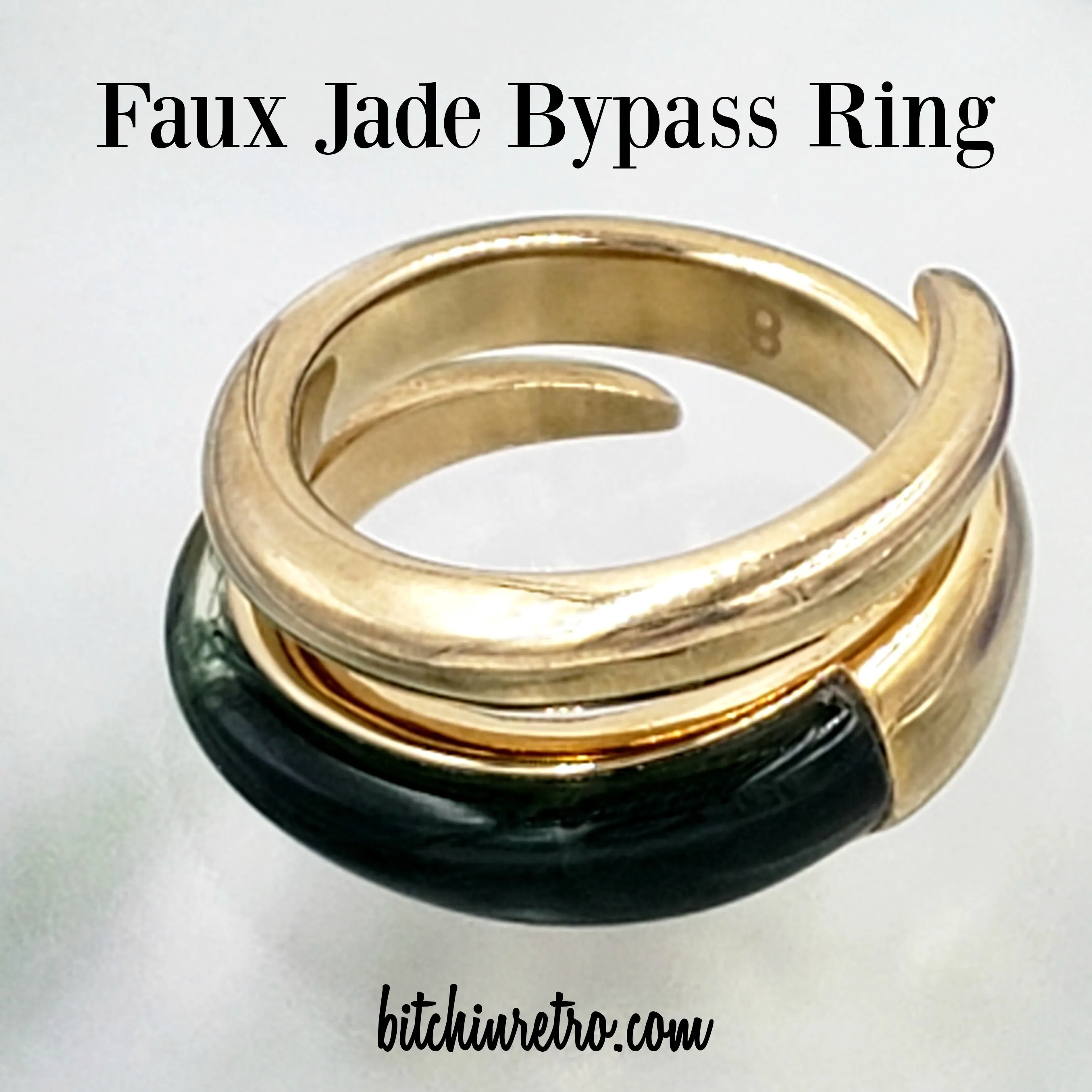 Crossover or Bypass Ring With Green Faux Jade Panel