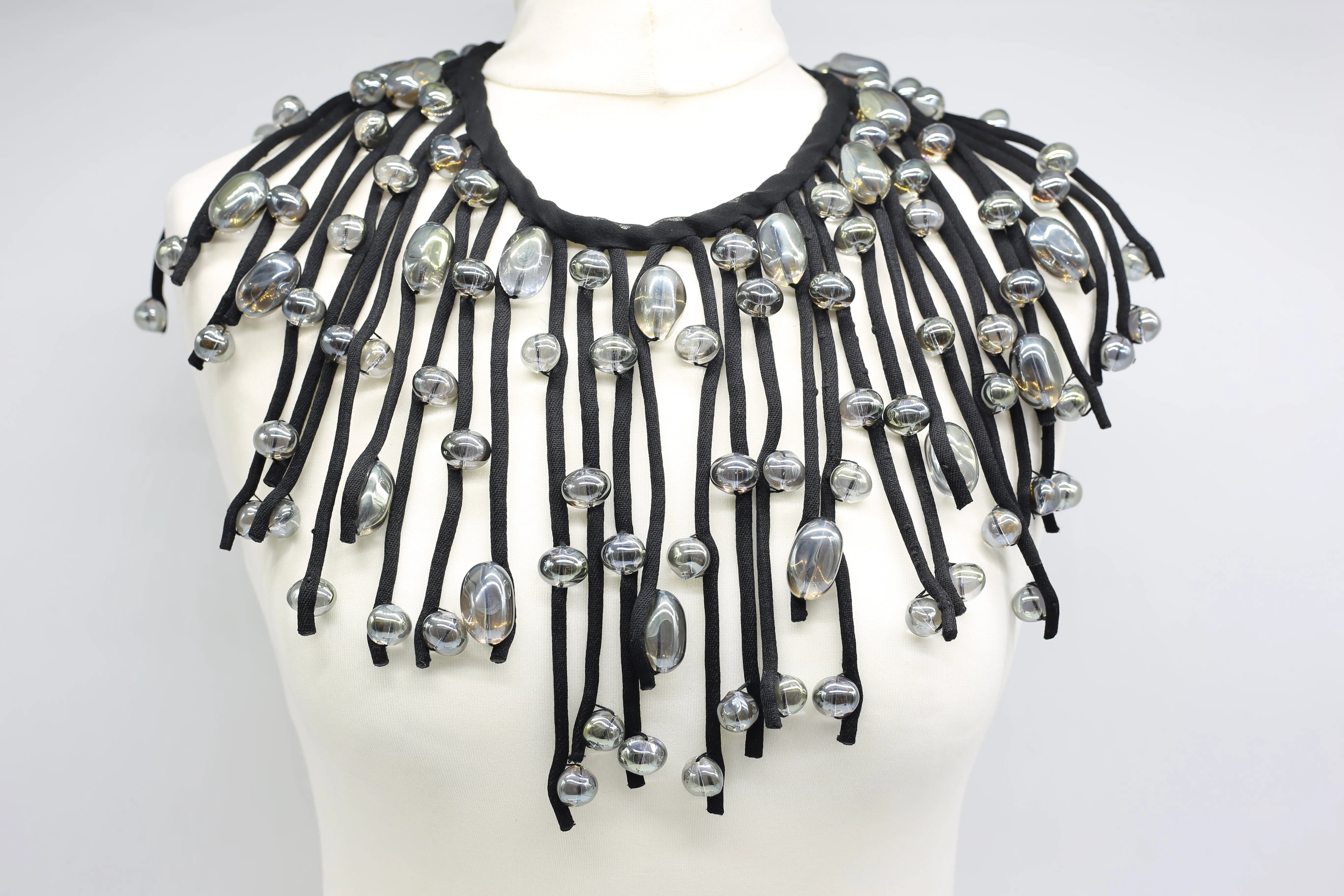 Crystal Eggs Hand-stitched on Cotton Cord Cape-style Necklace