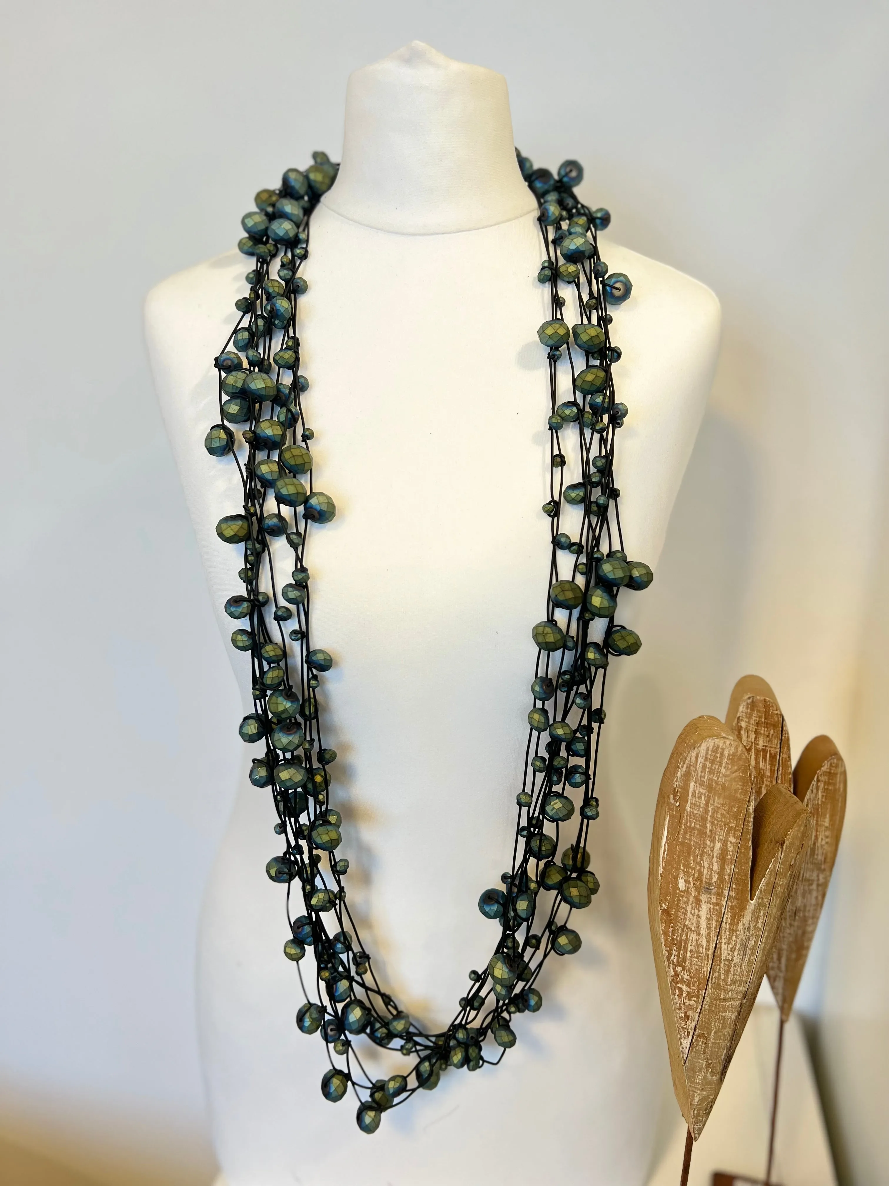 Crystal Faceted Beads on Rubber Necklace - Transparent Red