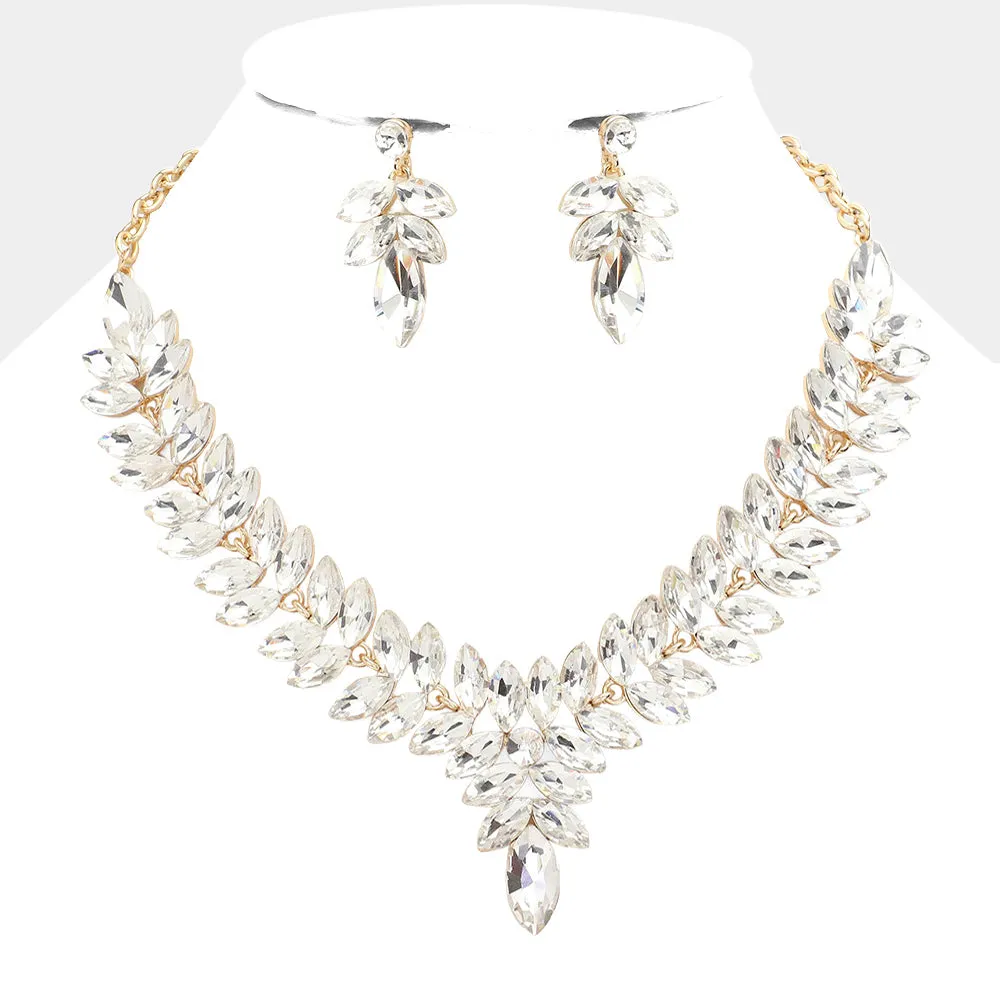 Crystal Marquise Stone Cluster Pageant Necklace Set on Gold | Evening Necklace Set |  608317