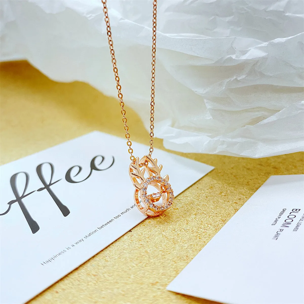 Cubic Zirconia & 18K Rose Gold-Plated Antler Pendant Necklace