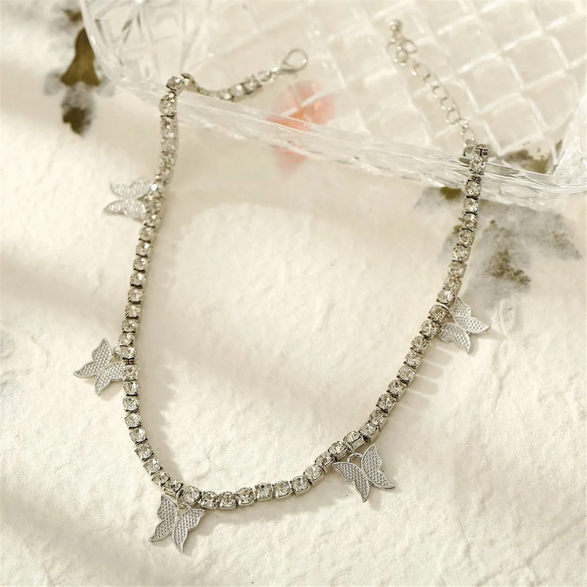 Cubic Zirconia & Silver-Plated Butterfly Station Choker Necklace