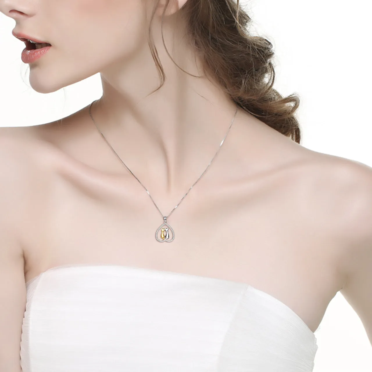 Cutie Cat Golden and Silvery Two Cats Heart Pendant Necklace
