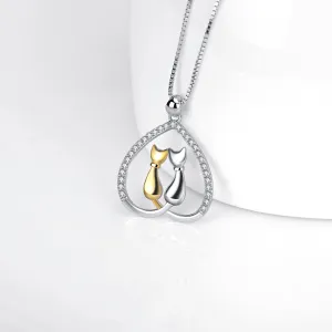 Cutie Cat Golden and Silvery Two Cats Heart Pendant Necklace