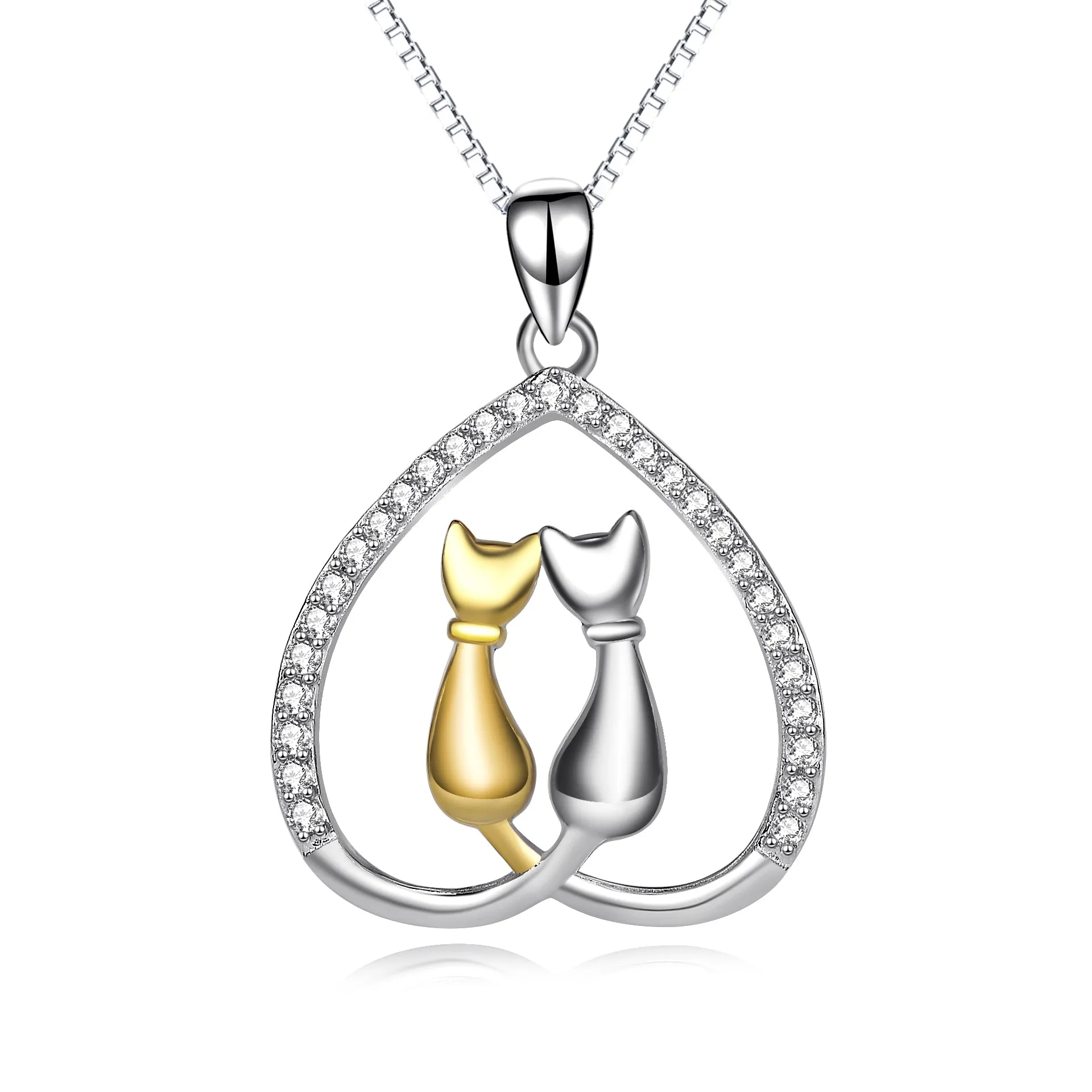 Cutie Cat Golden and Silvery Two Cats Heart Pendant Necklace