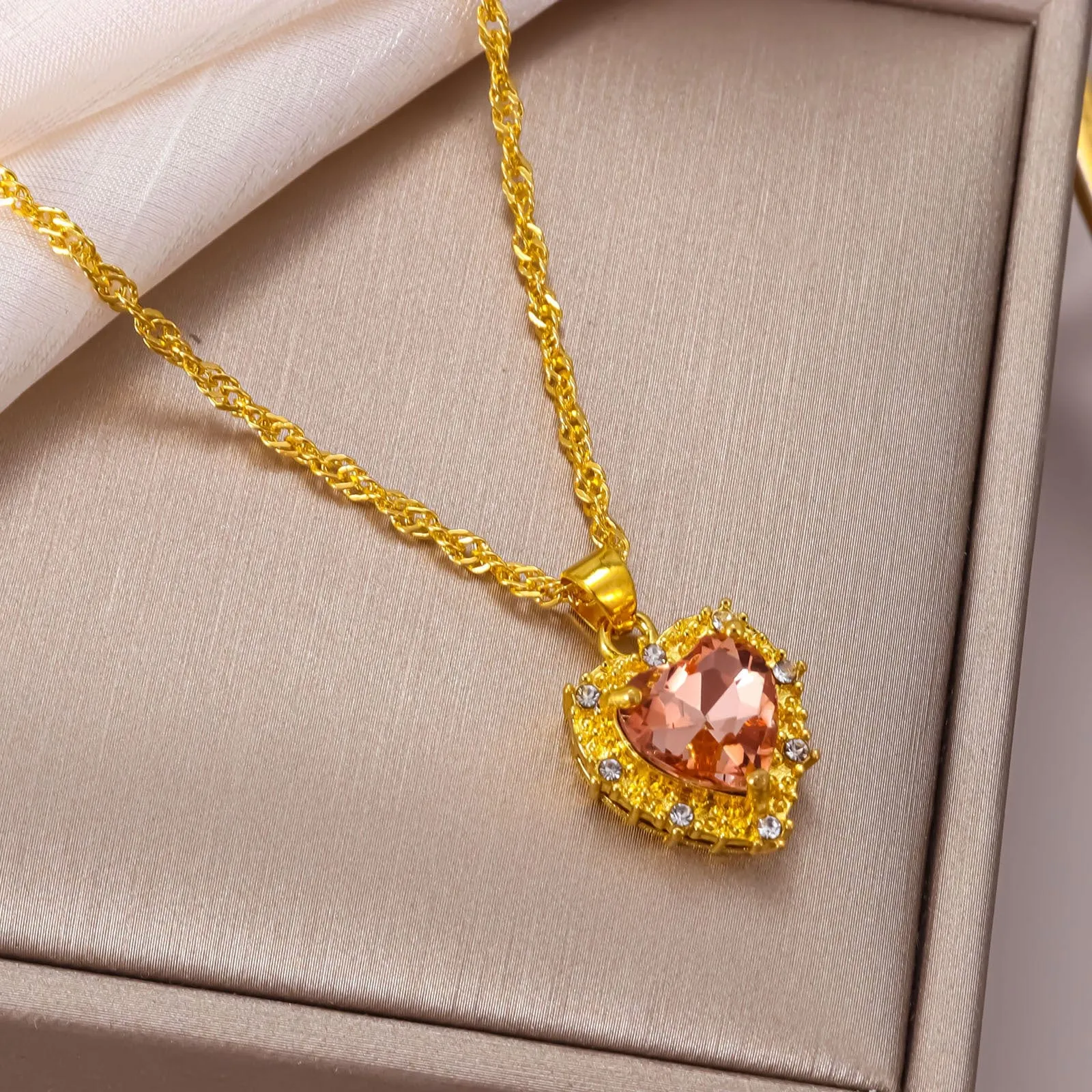 CZ Inlaid Crystal Heart Pendant Necklace