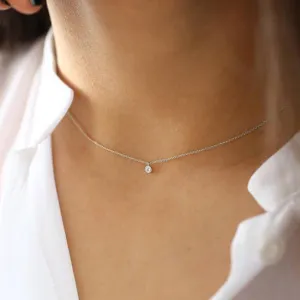 Dainty Diamond Necklace Solitaire Pendant with Silver Chain