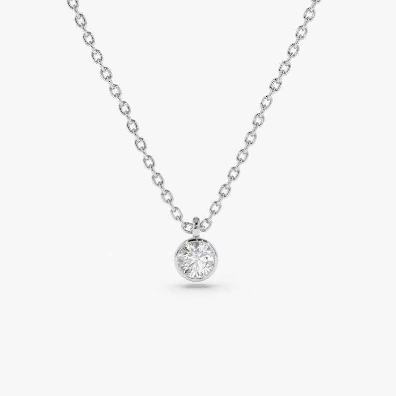 Dainty Diamond Necklace Solitaire Pendant with Silver Chain