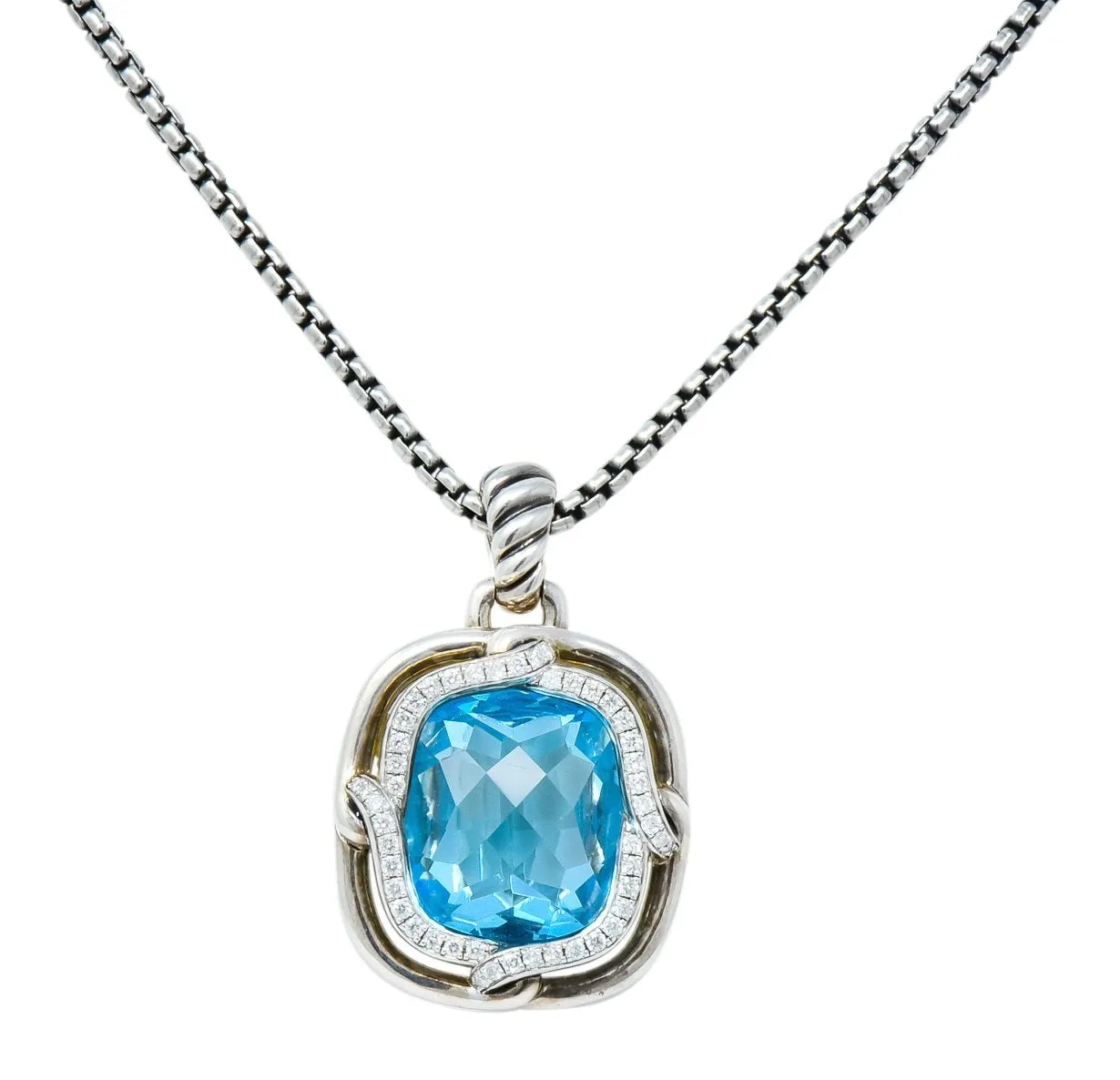 David Yurman Blue Topaz Diamond Sterling Silver 14 Karat Gold Labyrinth Enhancer Necklace