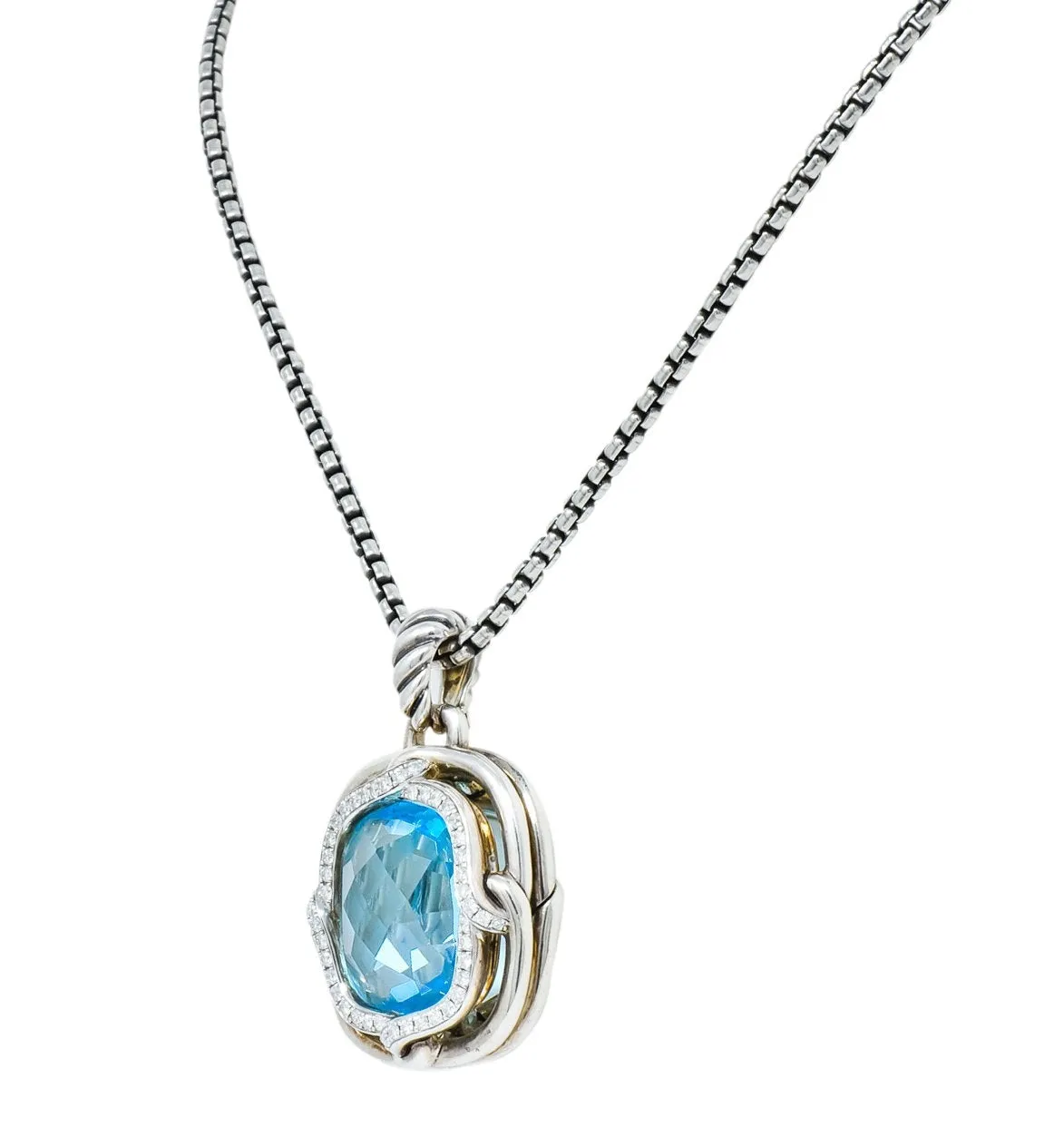 David Yurman Blue Topaz Diamond Sterling Silver 14 Karat Gold Labyrinth Enhancer Necklace