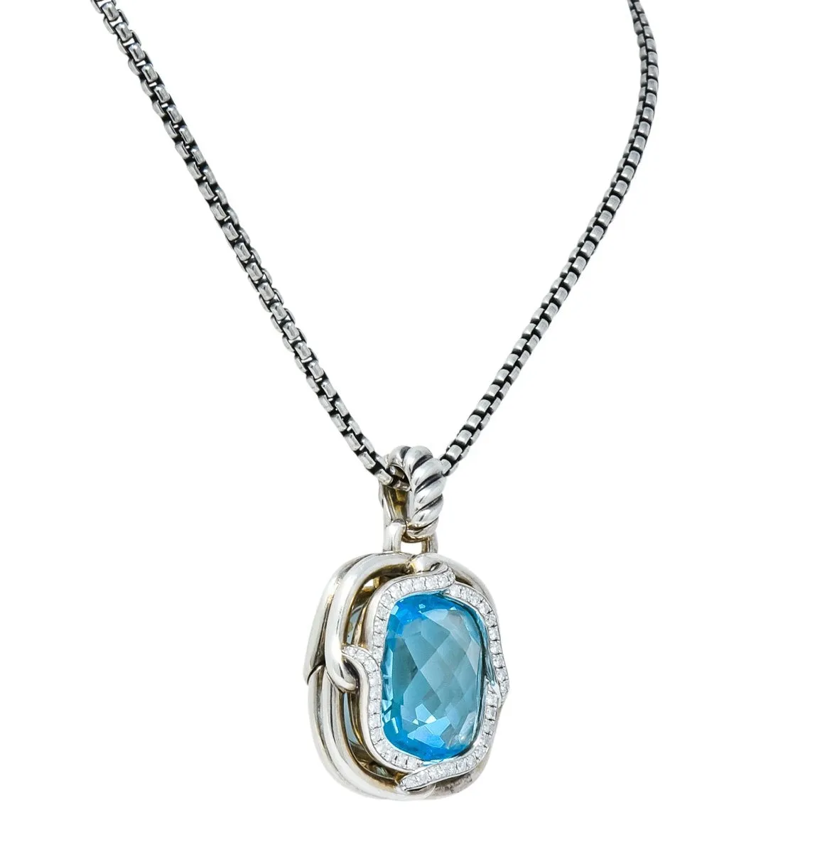 David Yurman Blue Topaz Diamond Sterling Silver 14 Karat Gold Labyrinth Enhancer Necklace