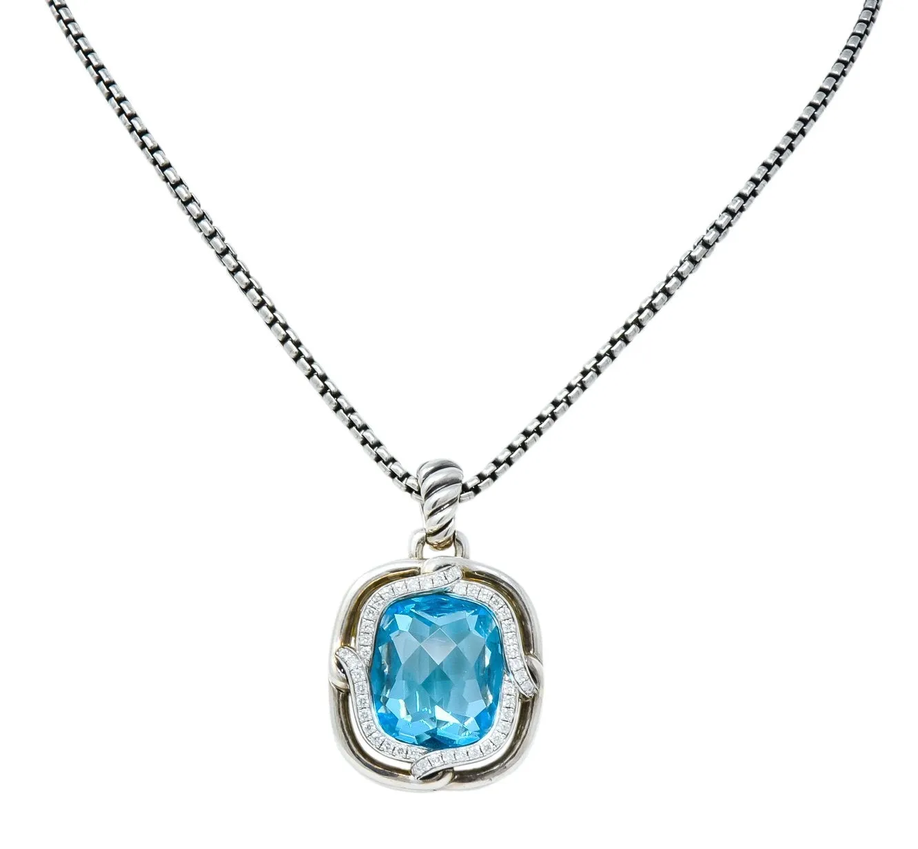 David Yurman Blue Topaz Diamond Sterling Silver 14 Karat Gold Labyrinth Enhancer Necklace