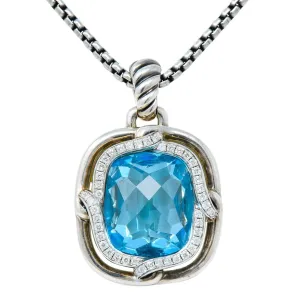 David Yurman Blue Topaz Diamond Sterling Silver 14 Karat Gold Labyrinth Enhancer Necklace