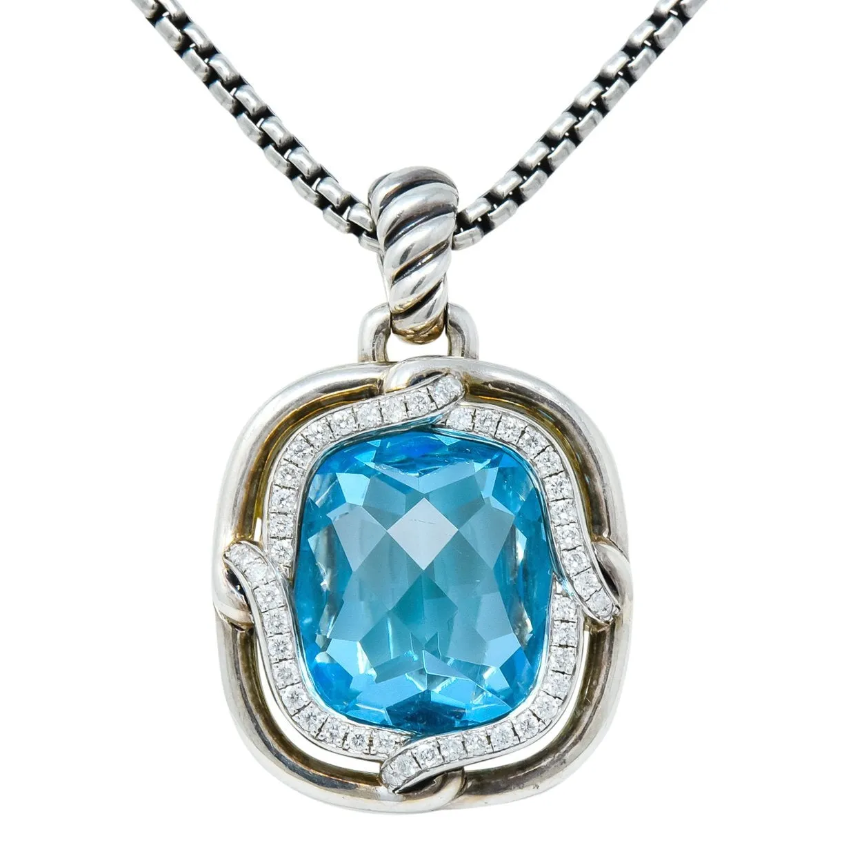 David Yurman Blue Topaz Diamond Sterling Silver 14 Karat Gold Labyrinth Enhancer Necklace