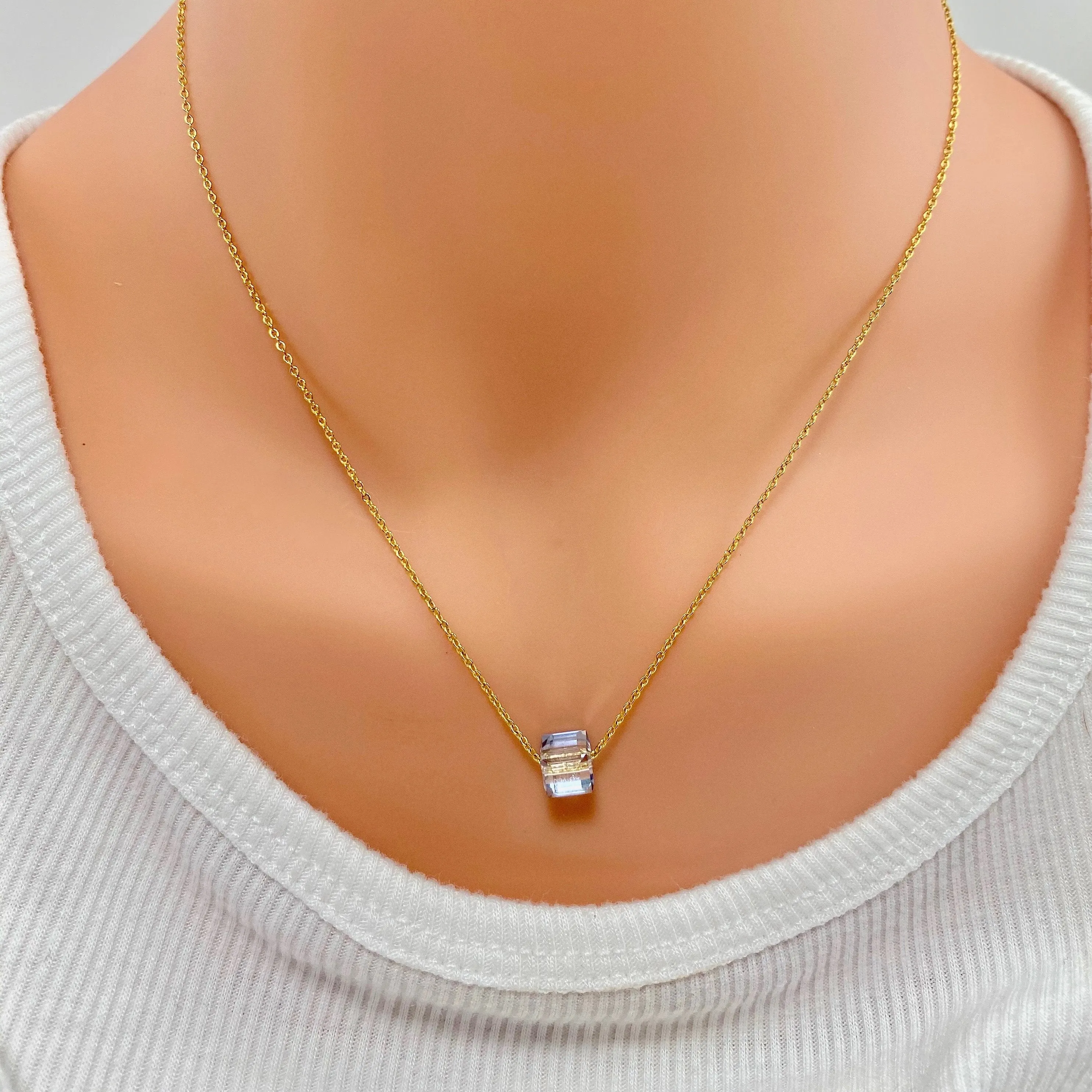 Diamond Crystal Clear Cube 14K Gold Necklace