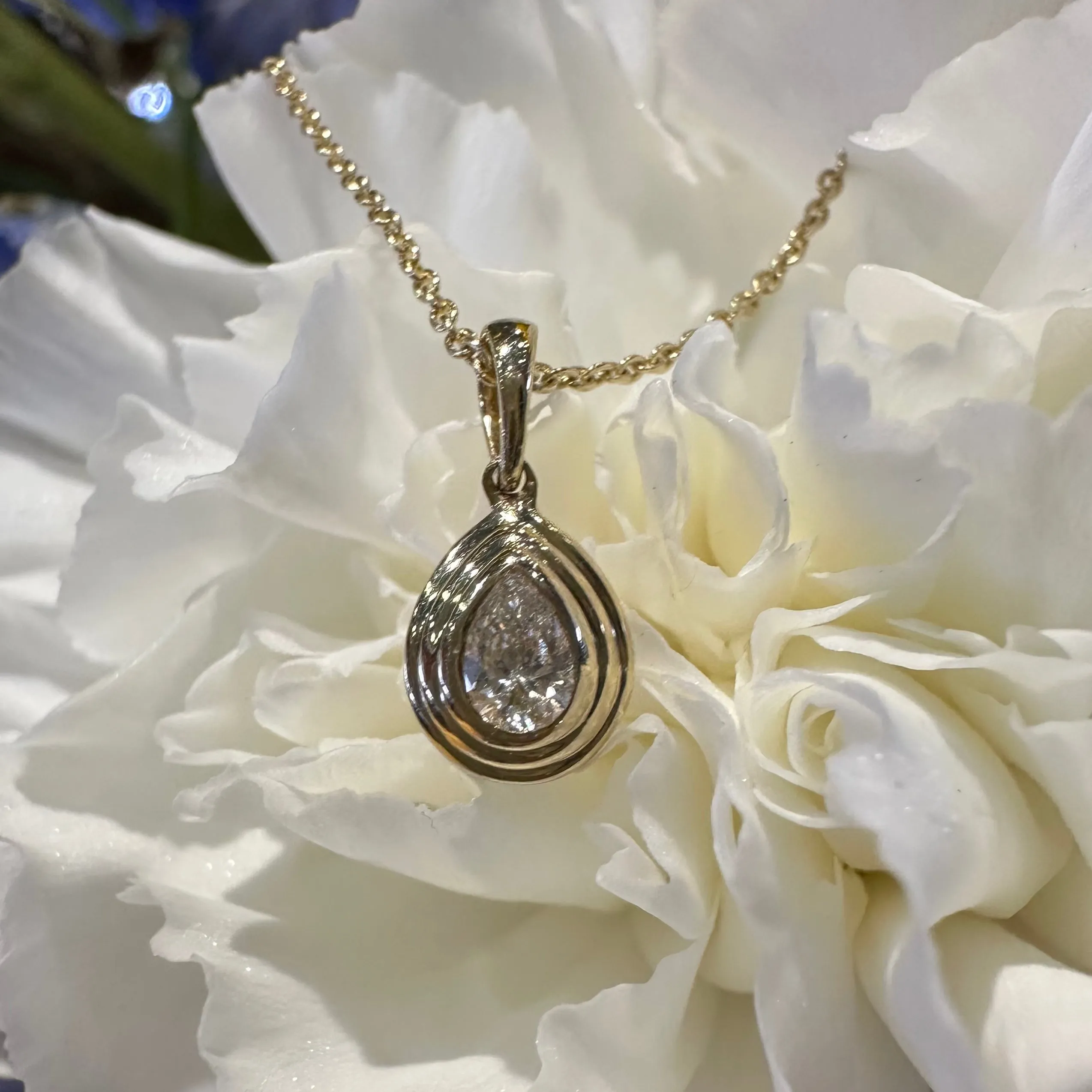 Diamond Double Bezel Pear Pendant 14K Yellow Gold Necklace KAS N1351YG