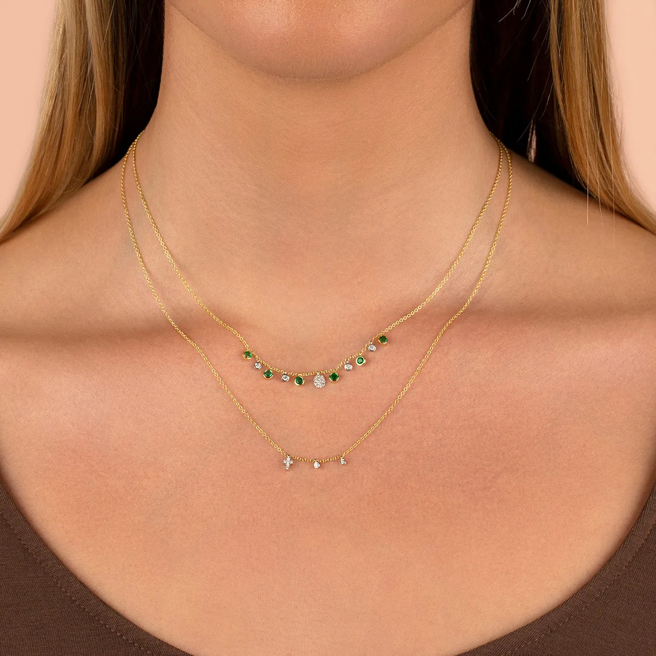 Diamond X Emerald Bezel Dangle Necklace 14K