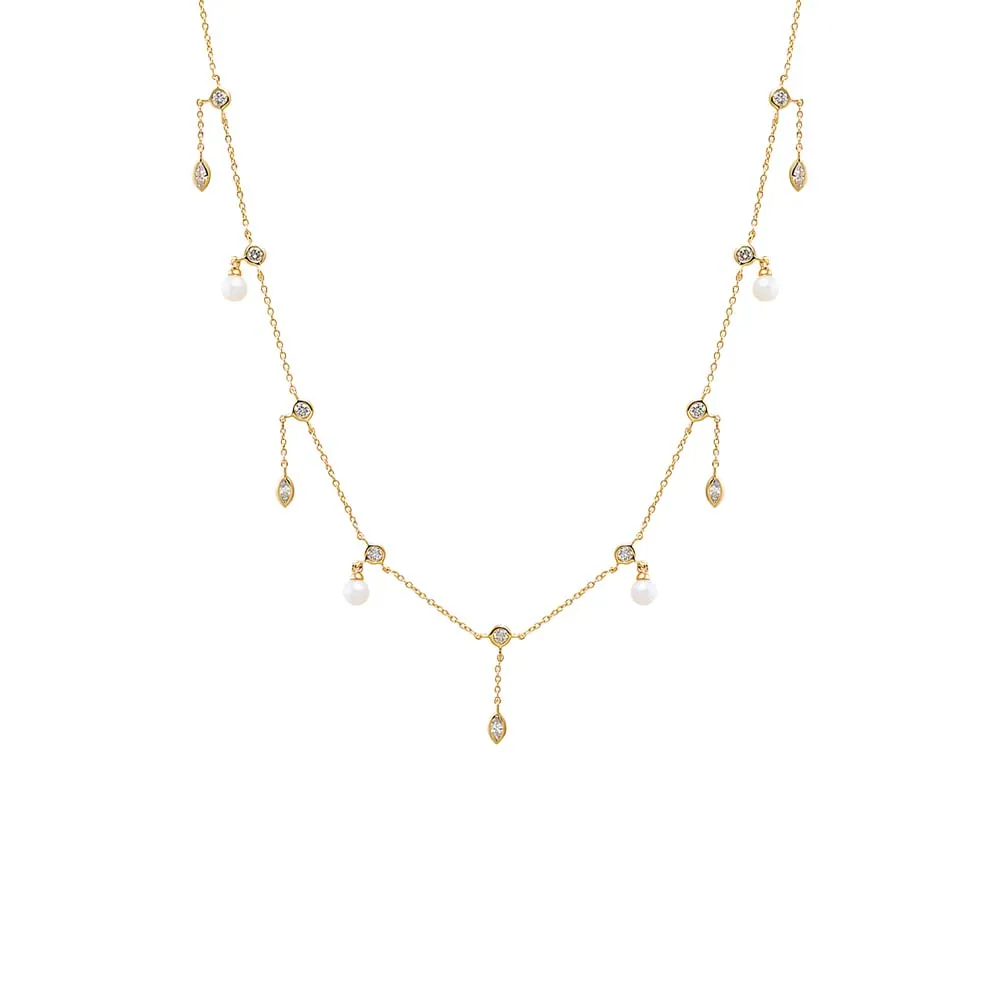 Diamond X Pearl Shaker Bezel Necklace 14K