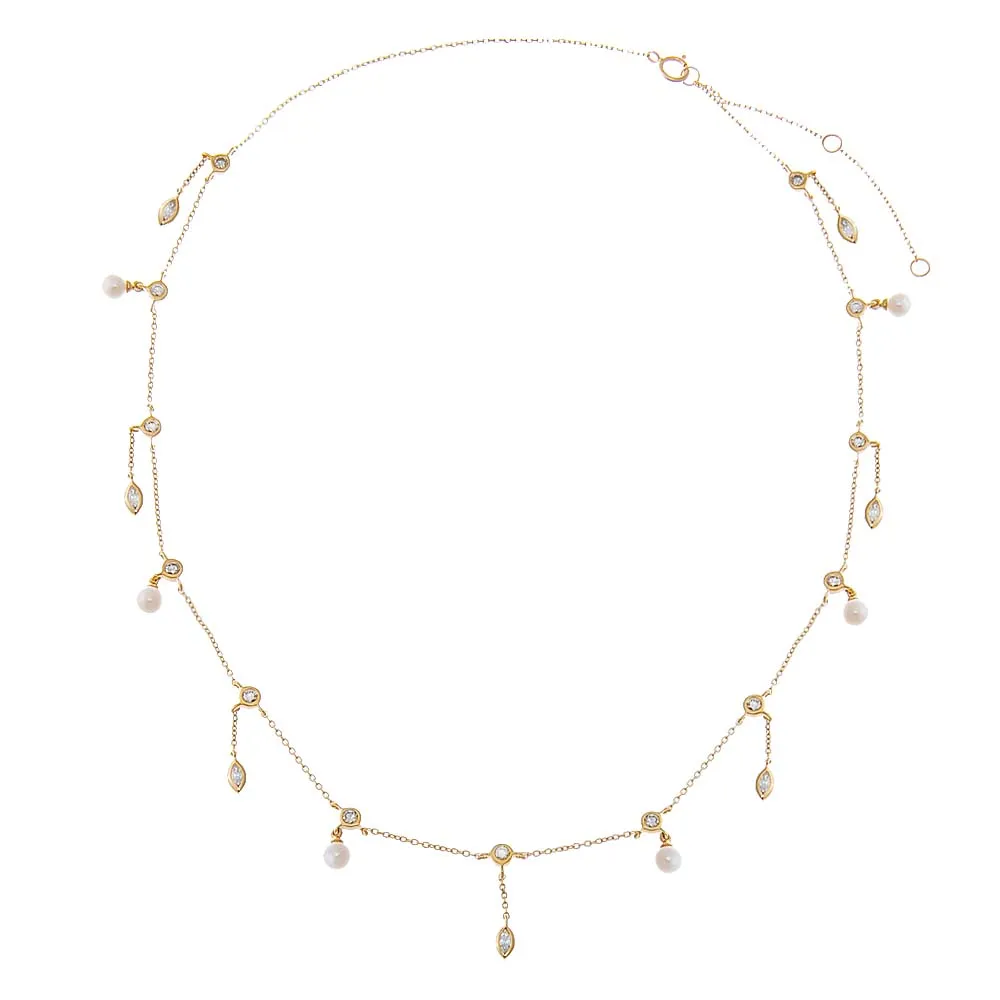 Diamond X Pearl Shaker Bezel Necklace 14K